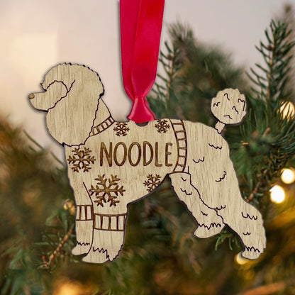 Personalised Poodle Bauble Jumper Dog Bauble - Oak Veneer Wood - Add any name