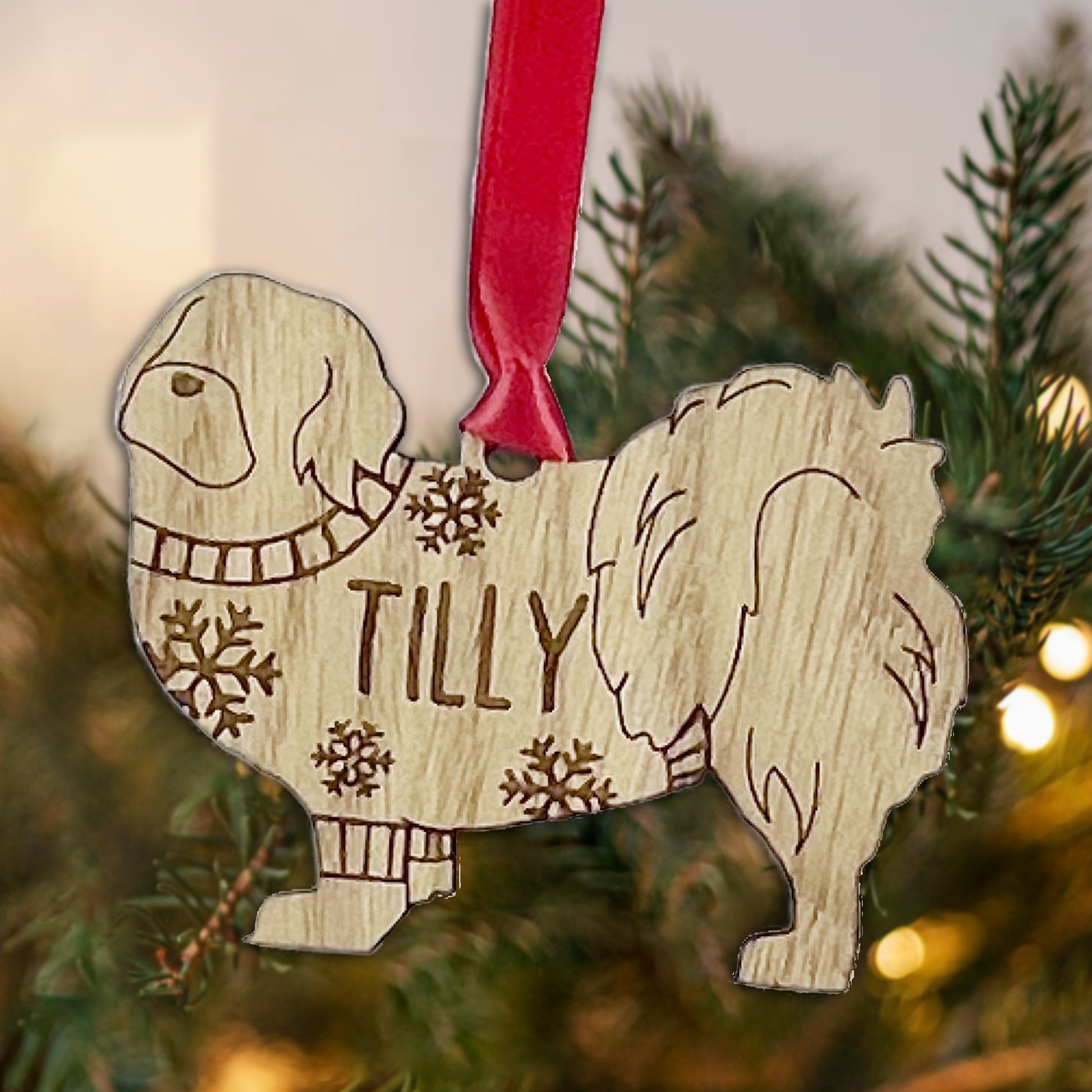 Personalised Tibetan Spaniel Bauble Jumper Dog Bauble - Oak Veneer Wood - Add any name