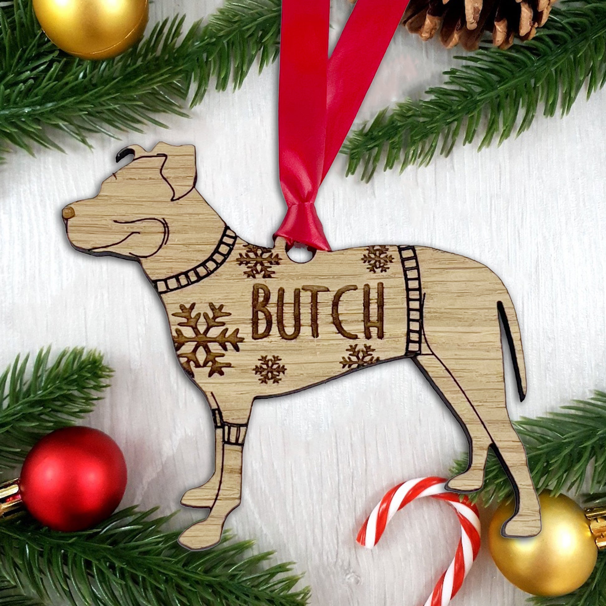 Personalised Pitbull Bauble Jumper Dog Bauble - Oak Veneer Wood - Add any name