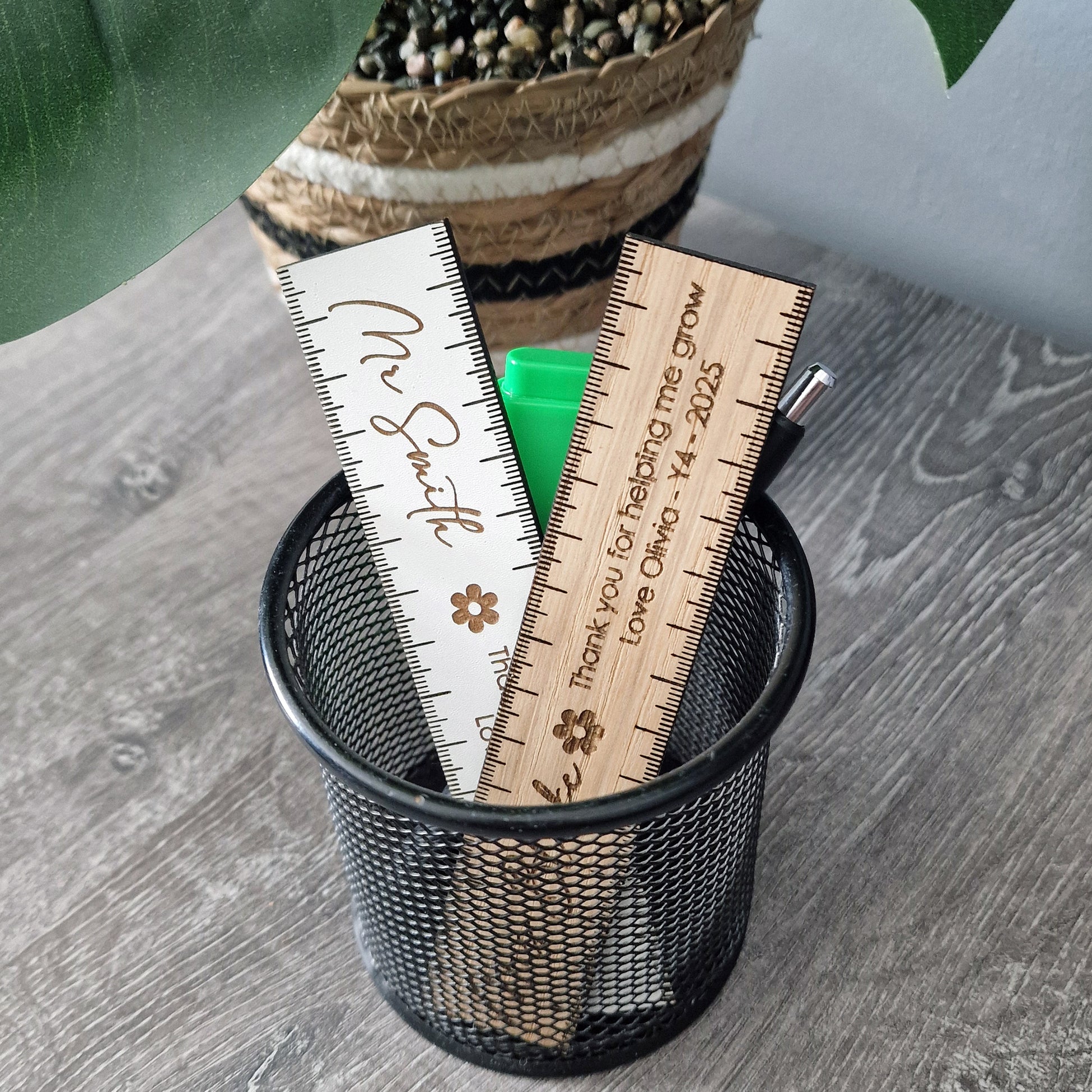 Personalised Wooden Teacher 15cm Ruler – Thank You for Helping Me Grow Gift – Engraved Name, Class & Year – Sustainable Oak or White Wood