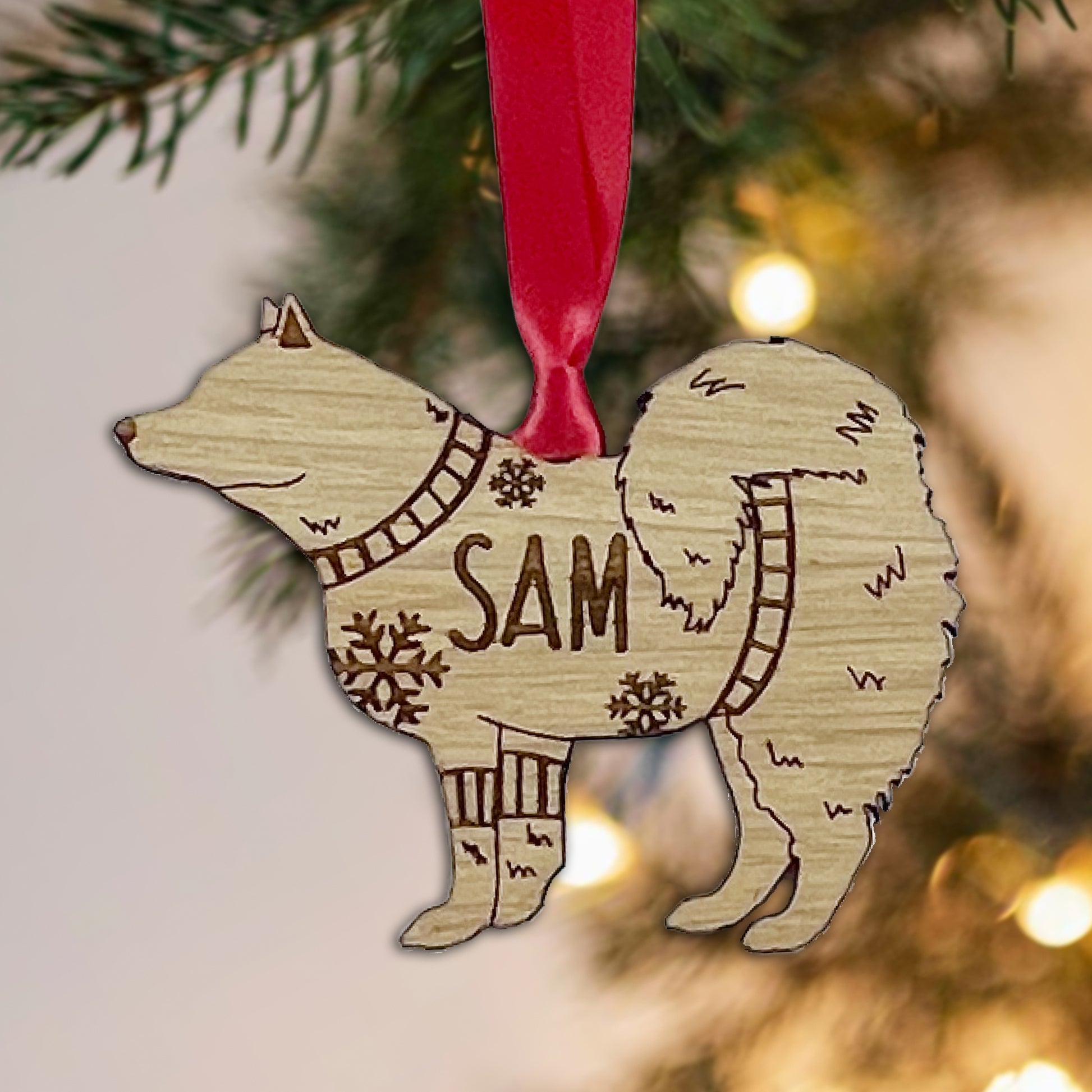 Personalised Samoyed  Bauble Jumper Dog Bauble - Oak Veneer Wood - Add any name