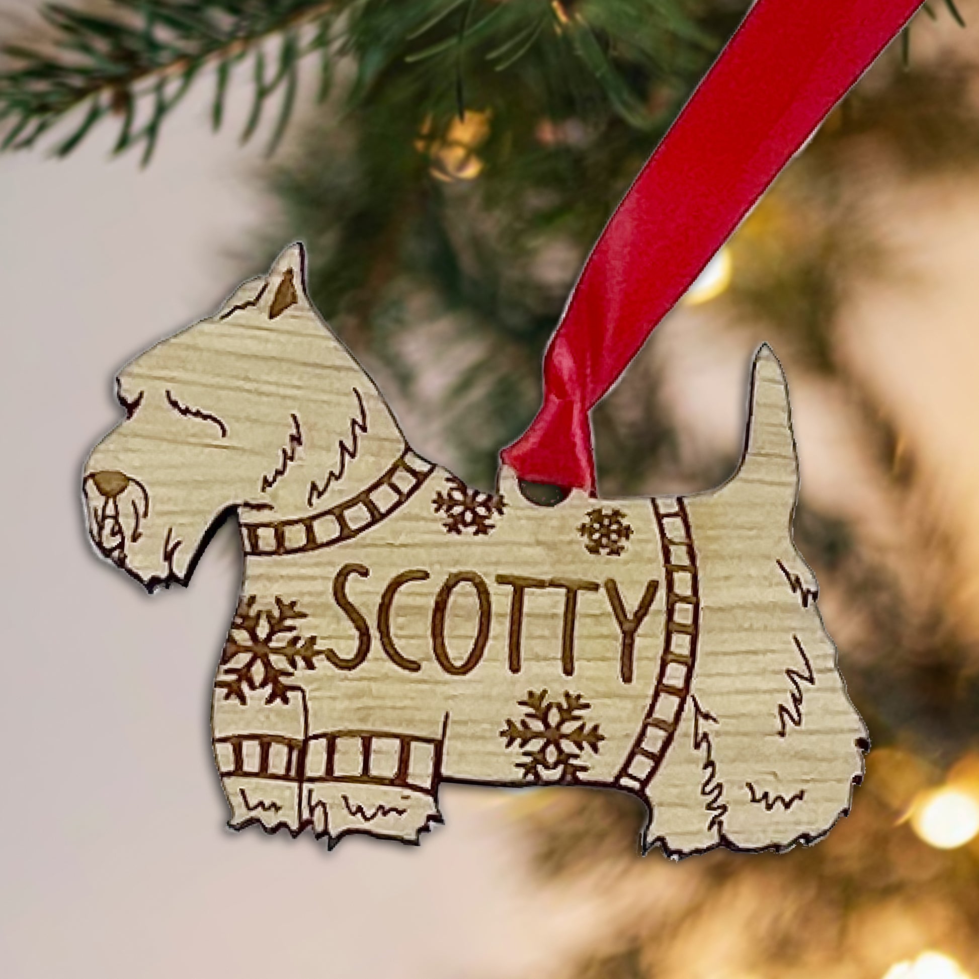 Personalised Scottie Bauble Jumper Dog Bauble - Oak Veneer Wood - Add any name