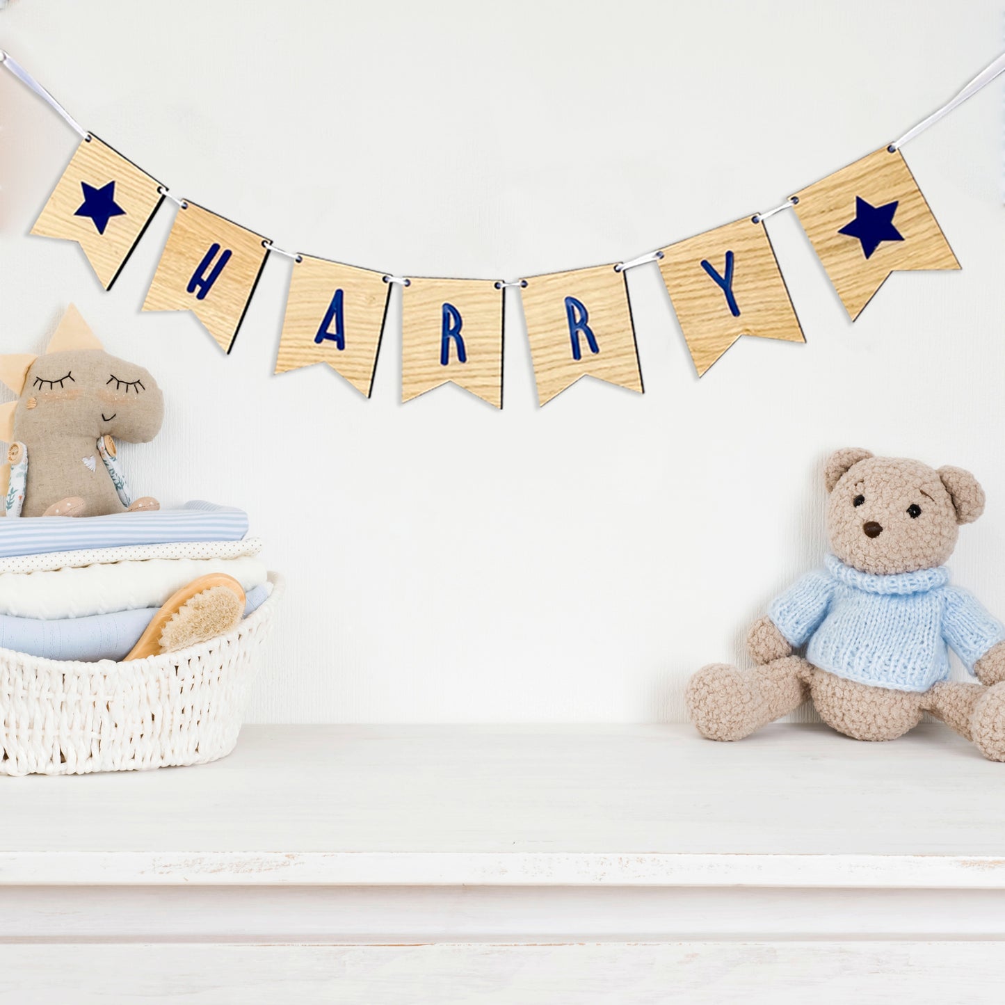 Personalised Oak Wood Name Bunting with Stars - Nursery or Child's Room Decor - Add any Name!
