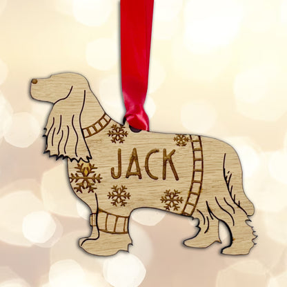 Personalised Cocker Spaniel Bauble Jumper Dog Bauble - Oak Veneer Wood - Add any name