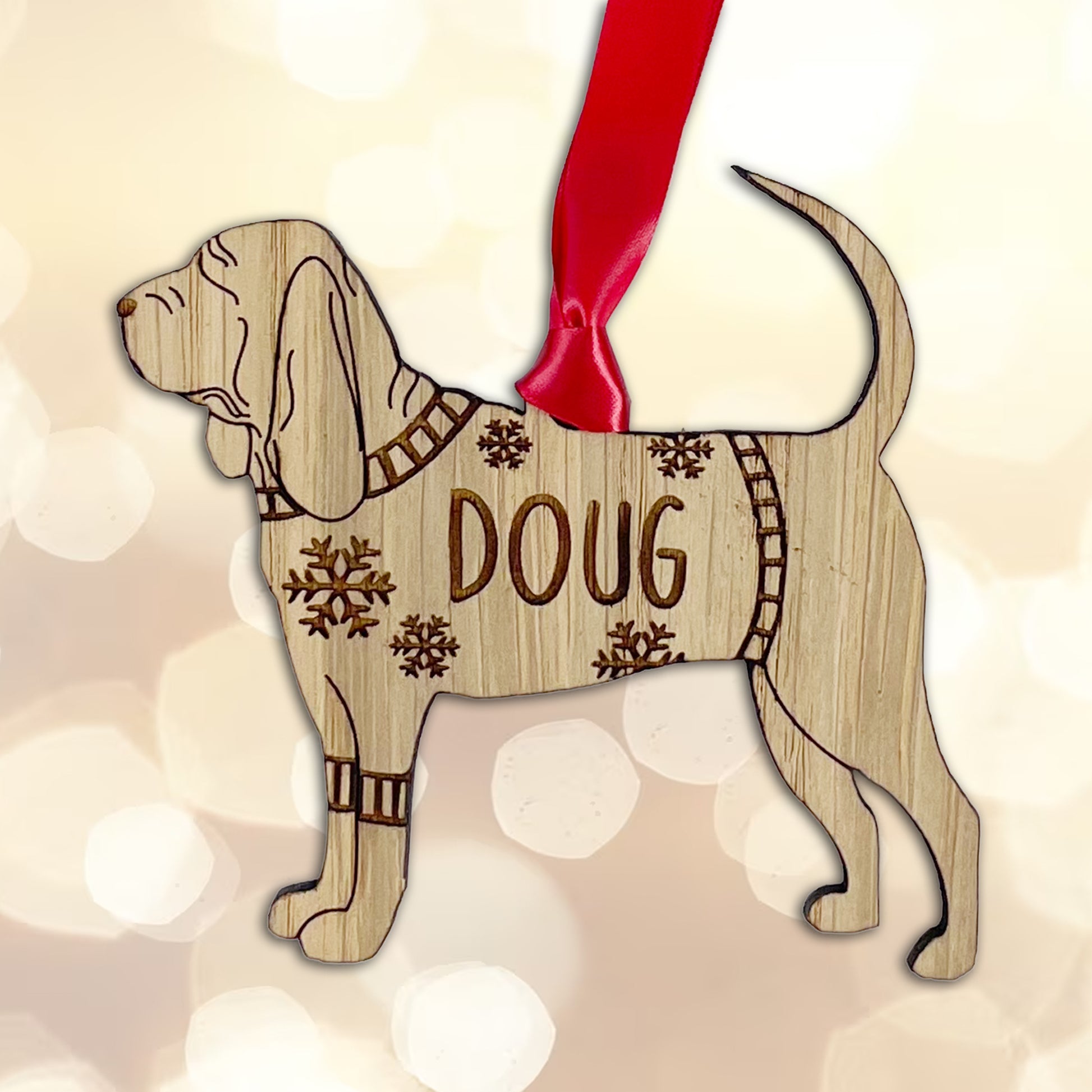 Personalised Blood Hound Bauble Jumper Dog Bauble - Oak Veneer Wood - Add any name