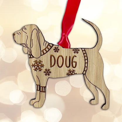 Personalised Blood Hound Bauble Jumper Dog Bauble - Oak Veneer Wood - Add any name