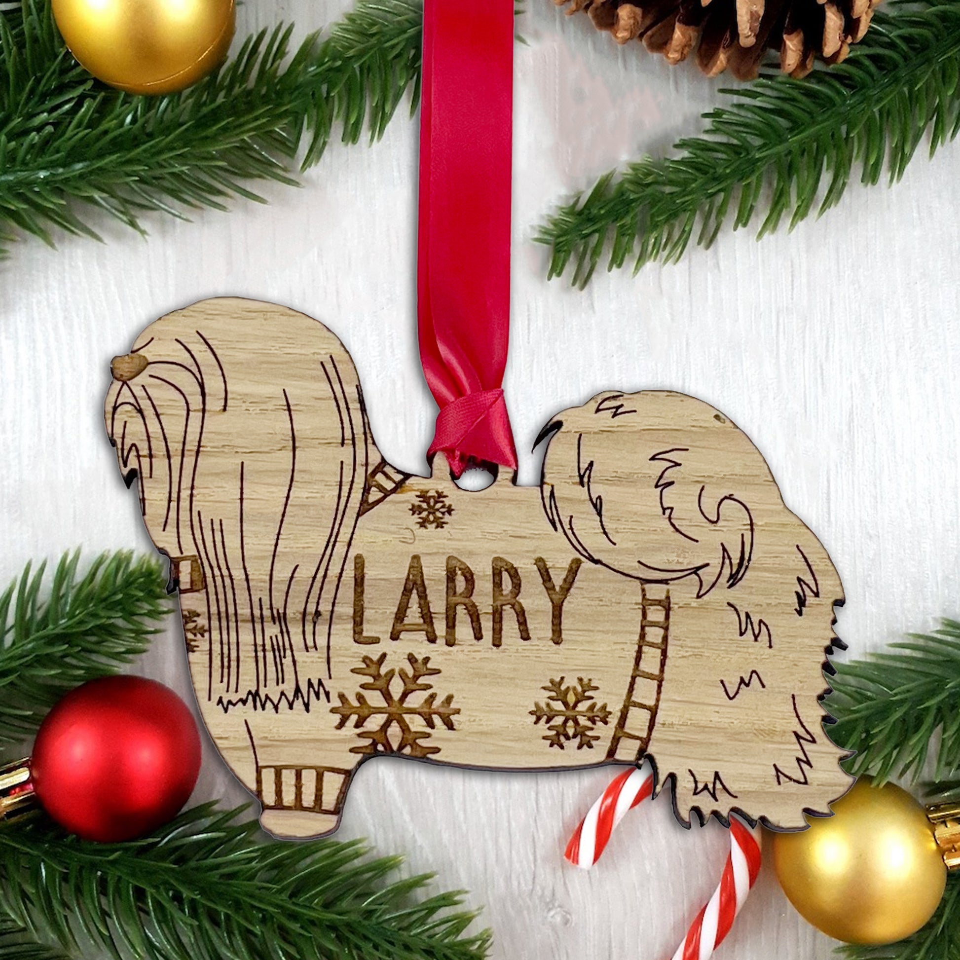 Personalised Lhasa Apso Bauble Jumper Dog Bauble - Oak Veneer Wood - Add any name