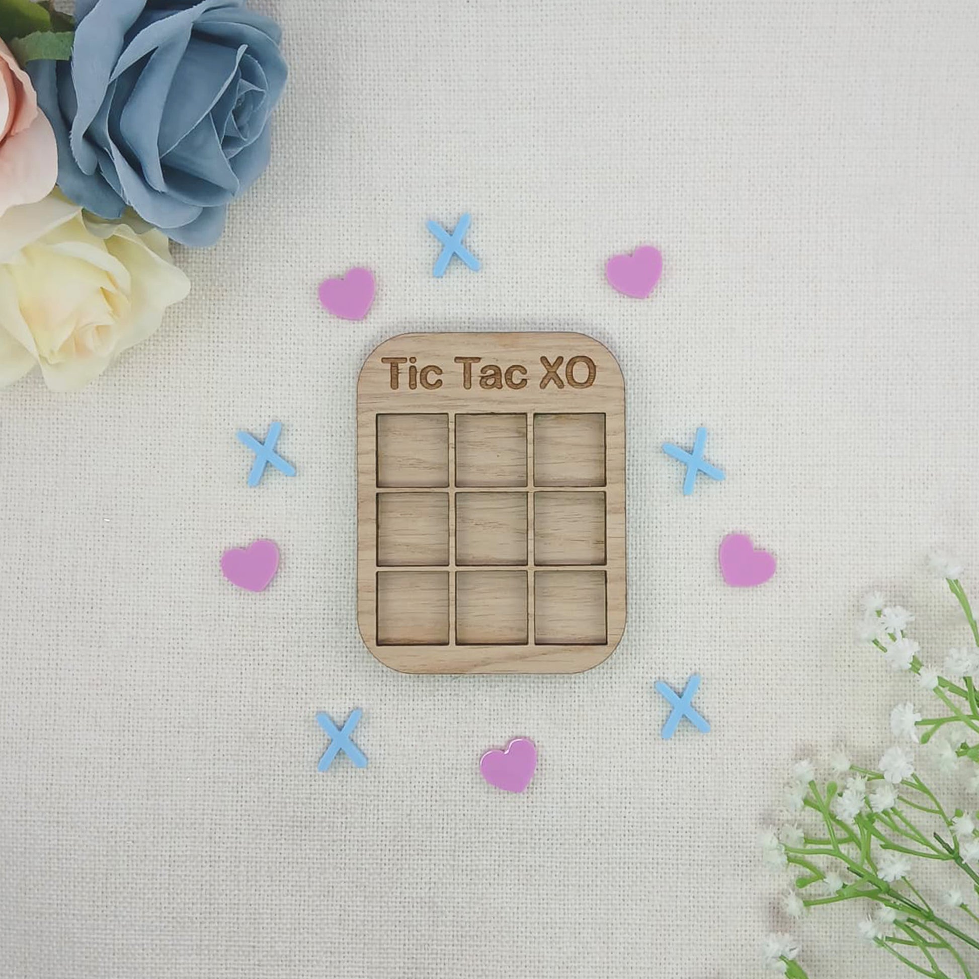 Tic Tac Toe Style Mini Board Game - Love Hearts and X's Valentine's Day Blue and Pink - Oak Wood and Acrylic - Anniversary - Birthday