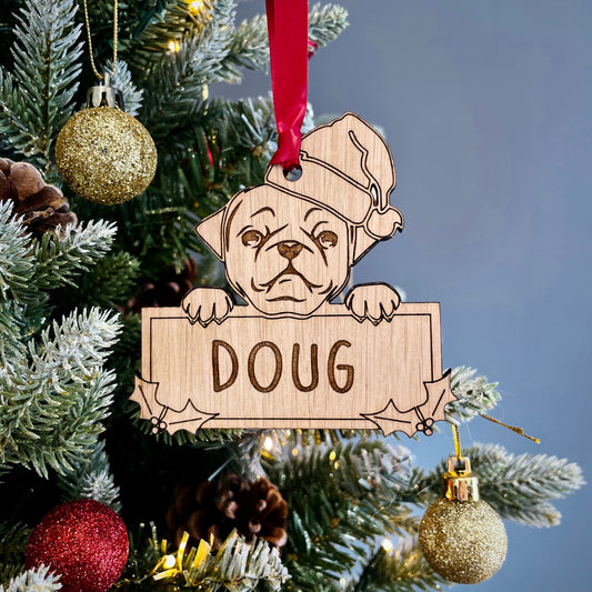 Personalised Pug Dog Bauble - Peeking Dog - Oak Veneer Wood - Add your own name!
