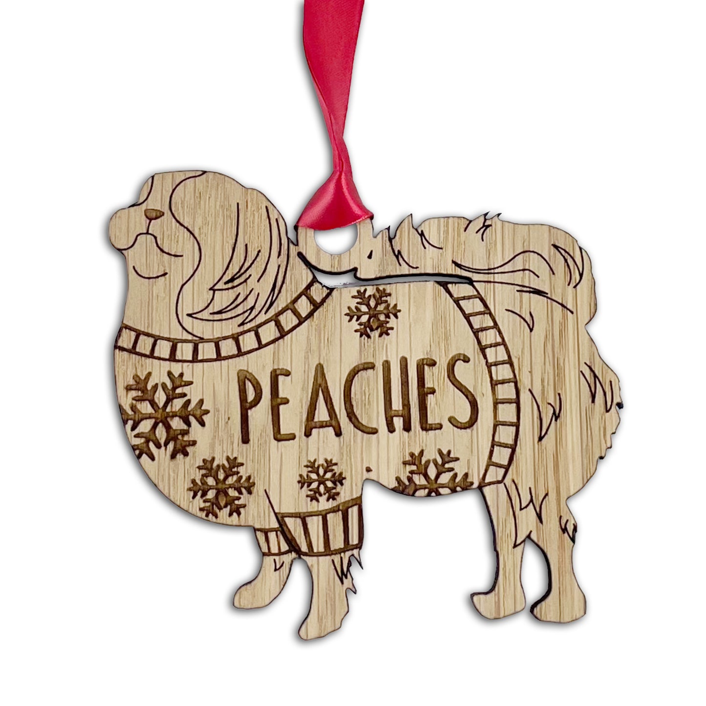 Personalised Japanese Chin Bauble Jumper Dog Bauble - Oak Veneer Wood - Add any name
