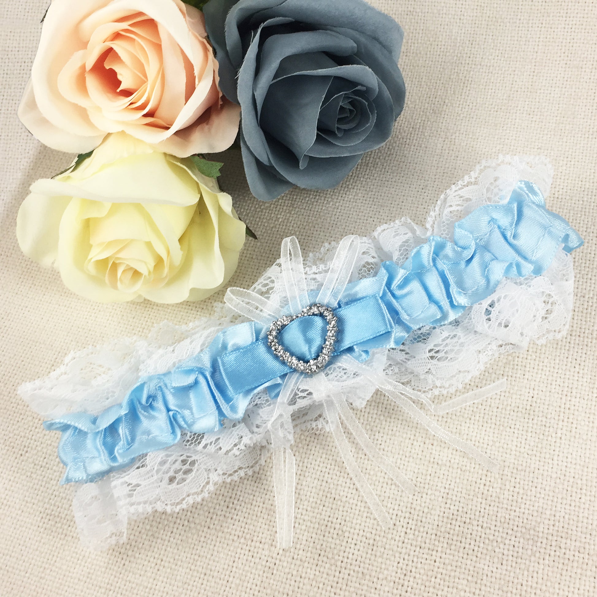 White & Blue Diamanté Heart Bridal Garter - Wedding Garter Gift for the Bride to Be Something Blue Wedding Day Hen Party Engagement