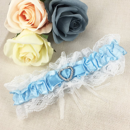 White & Blue Diamanté Heart Bridal Garter - Wedding Garter Gift for the Bride to Be Something Blue Wedding Day Hen Party Engagement