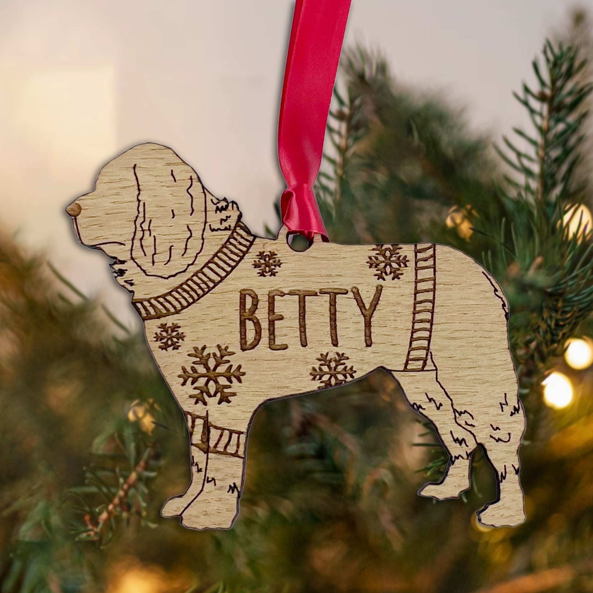Personalised Newfoundland Bauble Jumper Dog Bauble - Oak Veneer Wood - Add any name