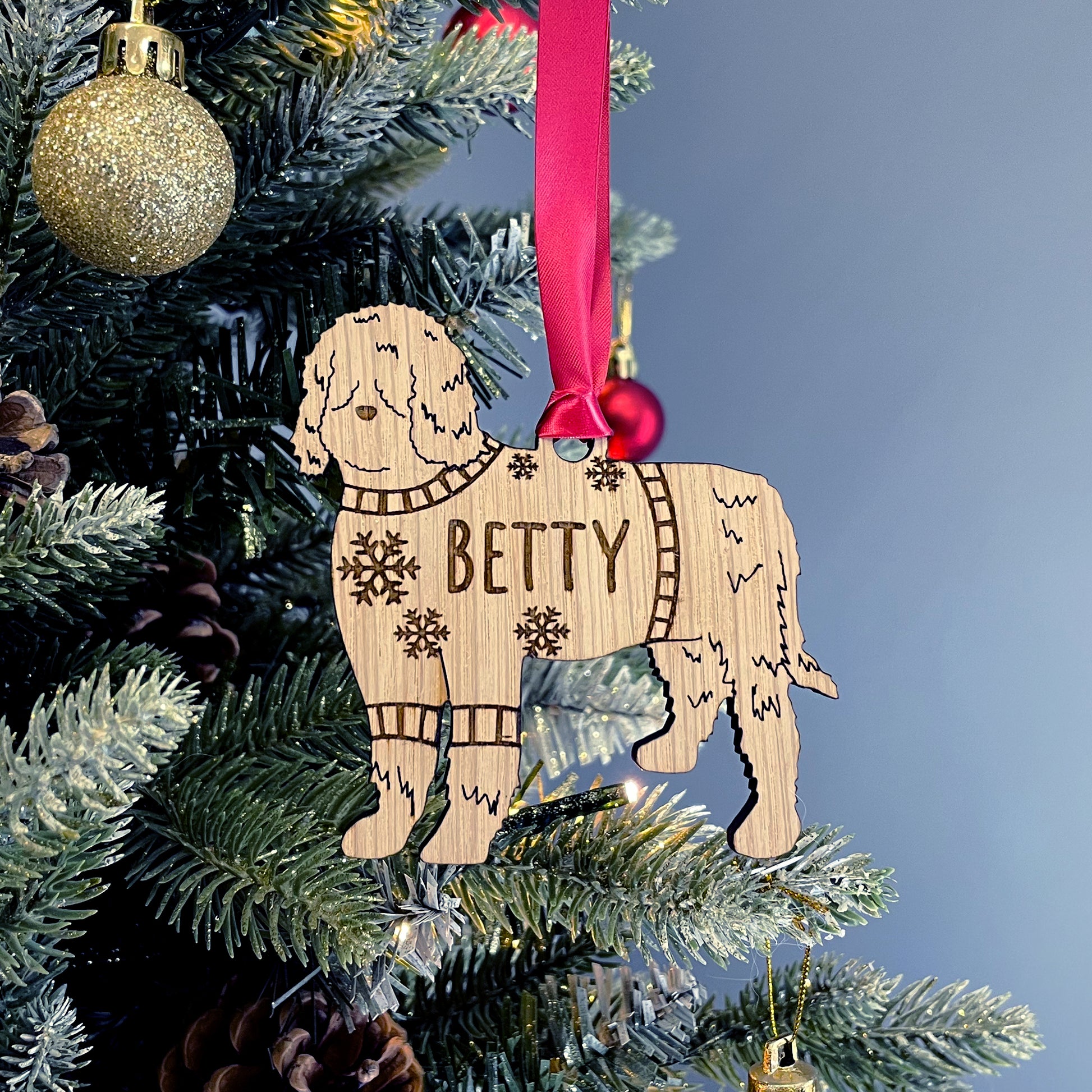 Personalised Berbet Bauble Jumper Dog Bauble - Oak Veneer Wood - Add any name