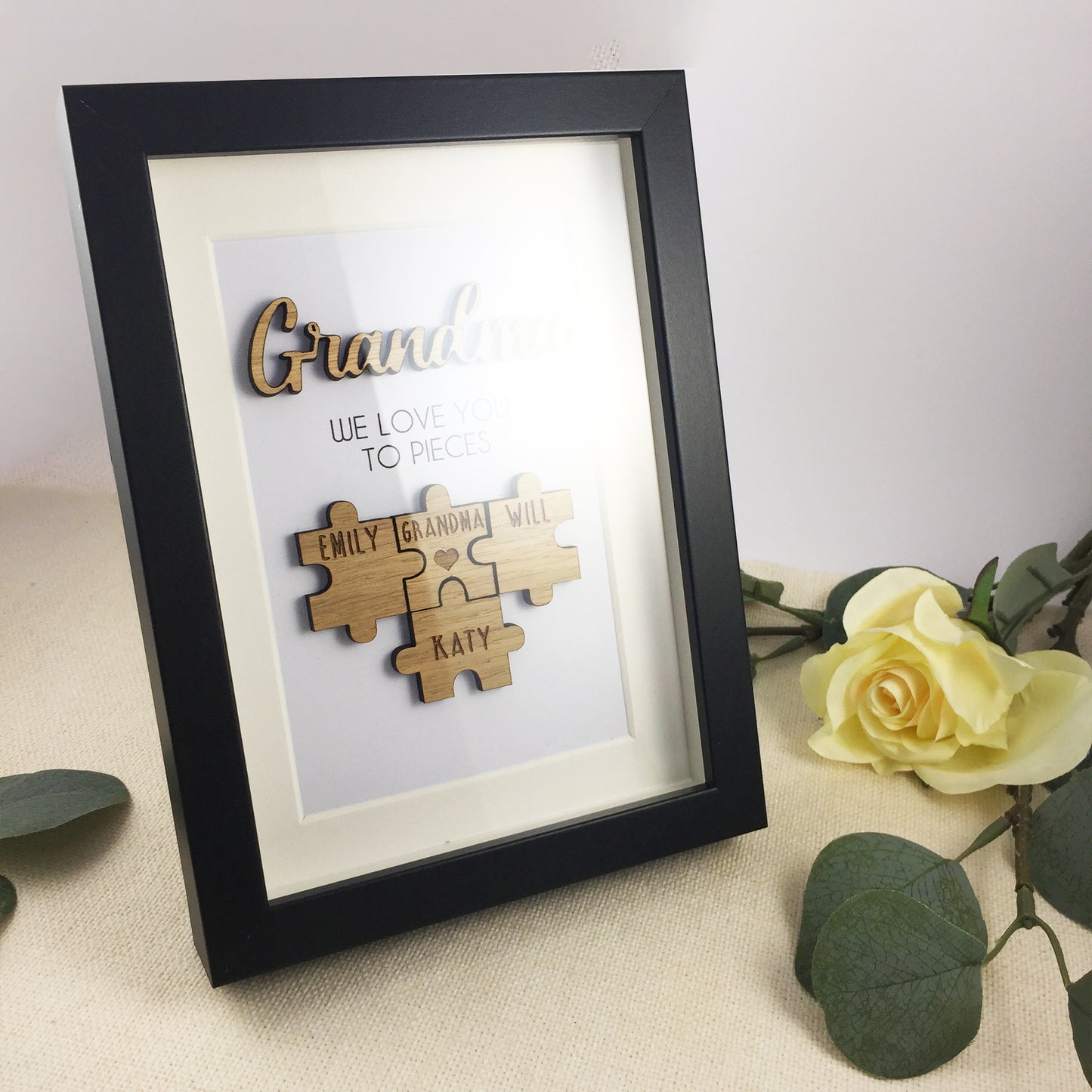 Personalised Grandma / Nana 'We Love You To Pieces' Wooden Mothers Day Christmas Birthday Puzzle Pieces Family Box Frame Add family names