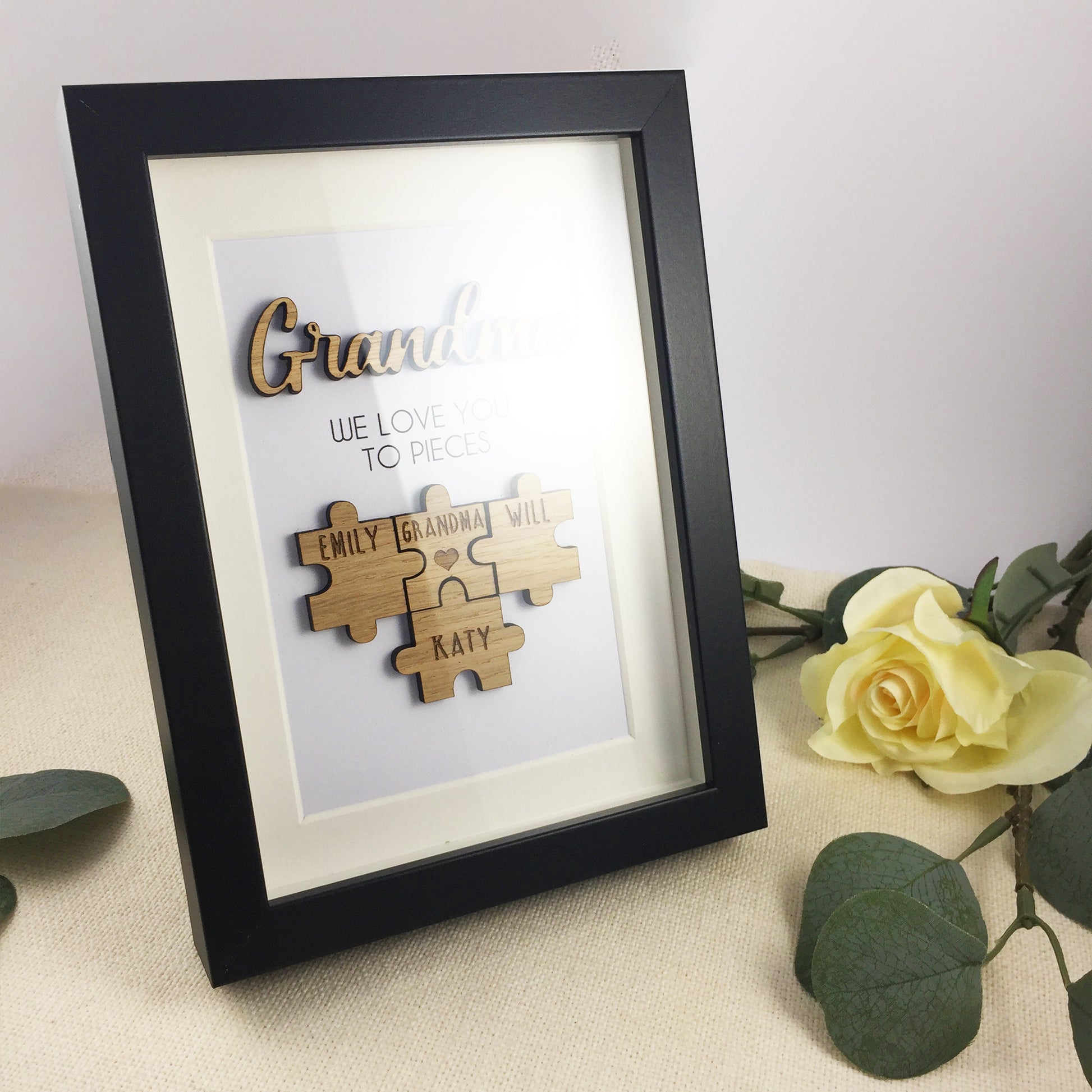 Personalised Grandma / Nana 'We Love You To Pieces' Wooden Mothers Day Christmas Birthday Puzzle Pieces Family Box Frame Add family names