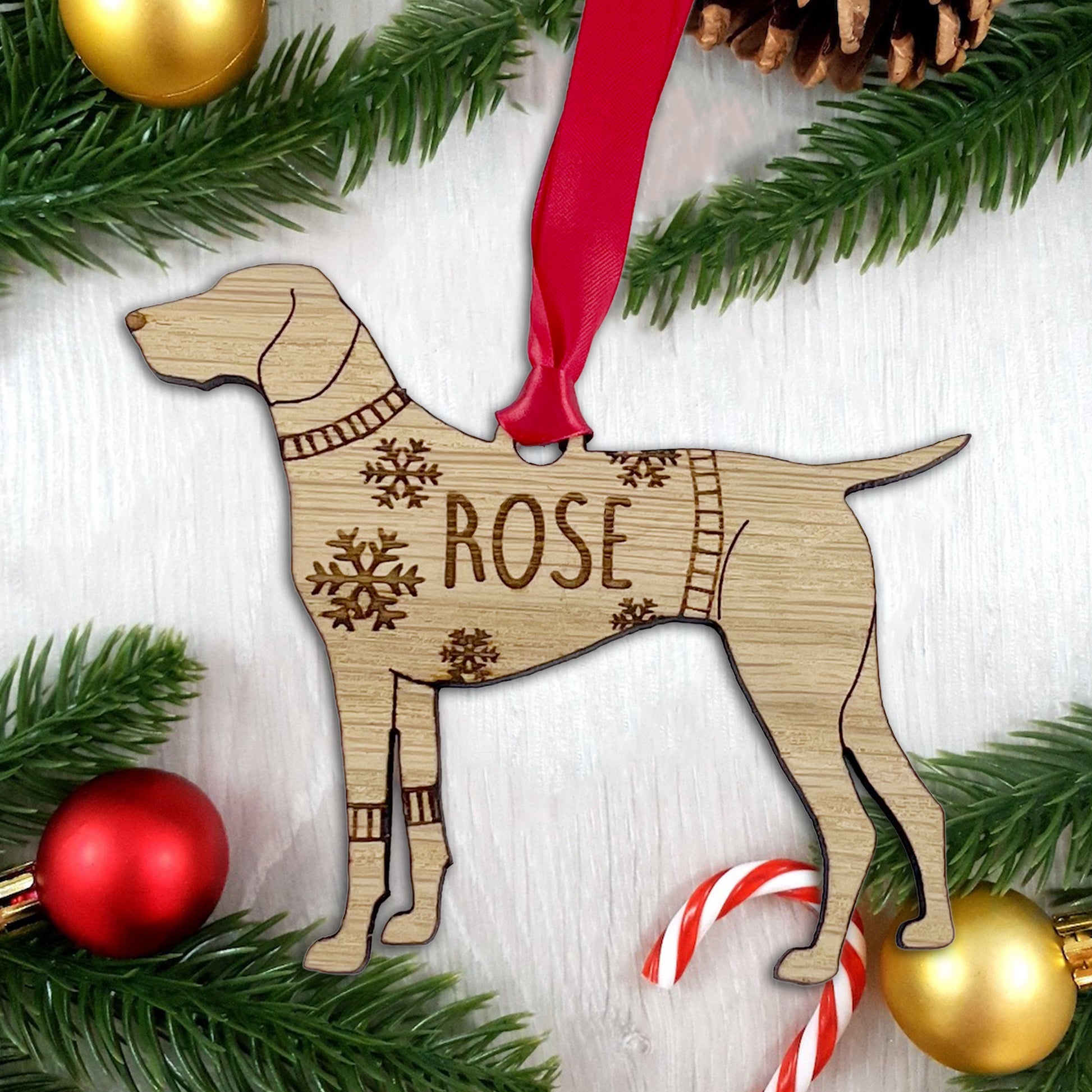Personalised Pointer Bauble Jumper Dog Bauble - Oak Veneer Wood - Add any name