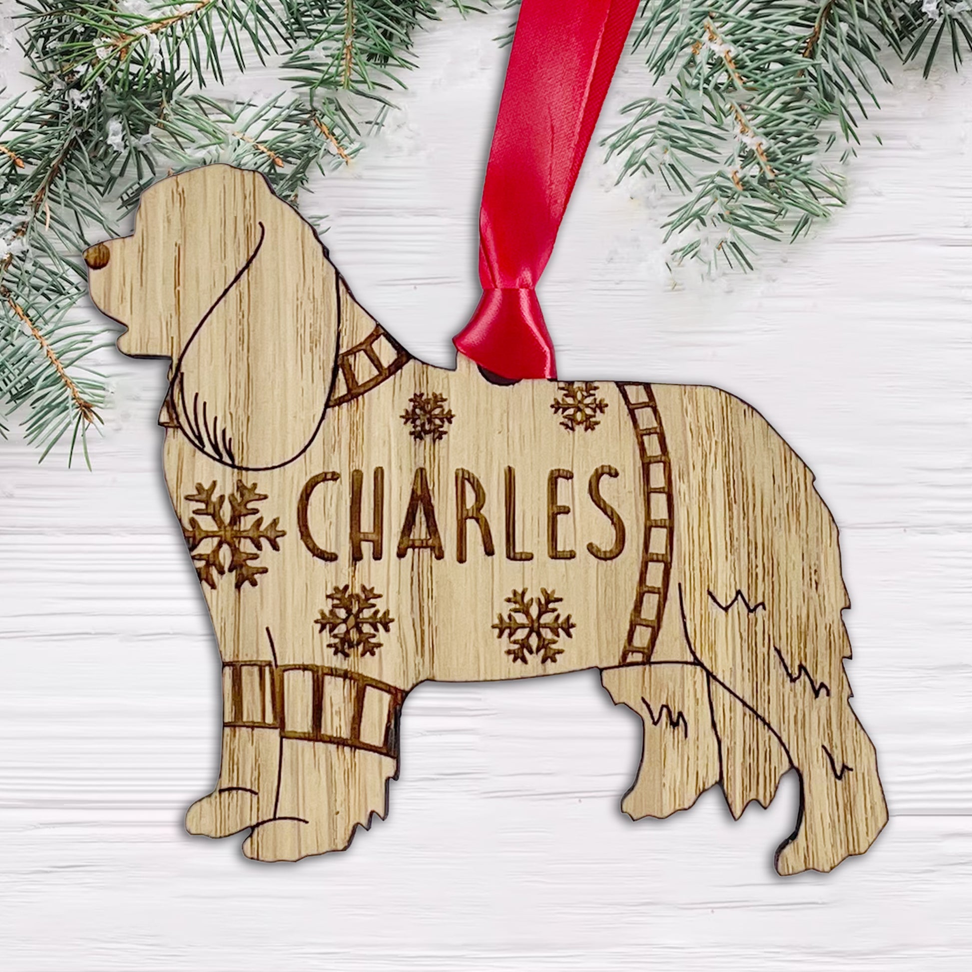 Personalised Cavalier Bauble Jumper Dog Bauble - Oak Veneer Wood - Add any name