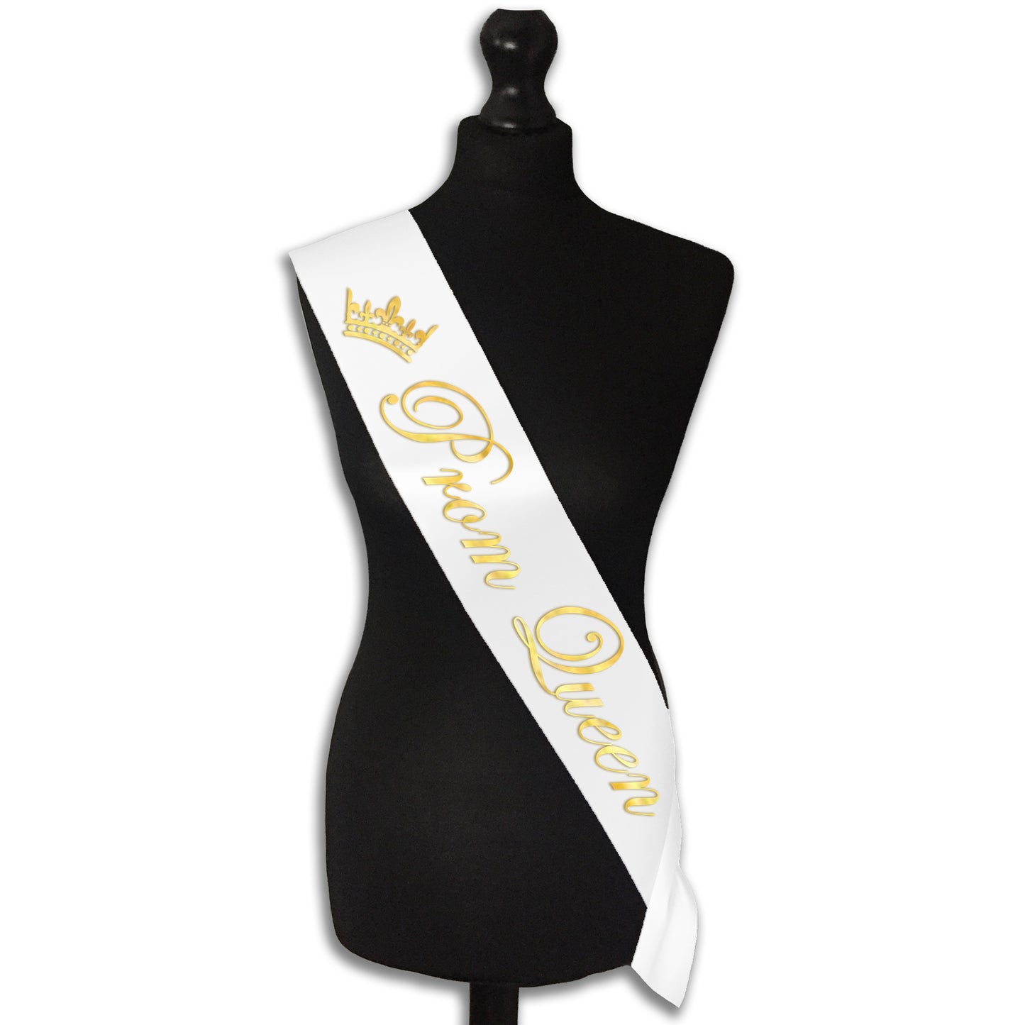 Luxury Prom Queen White with Gold Text Sash 