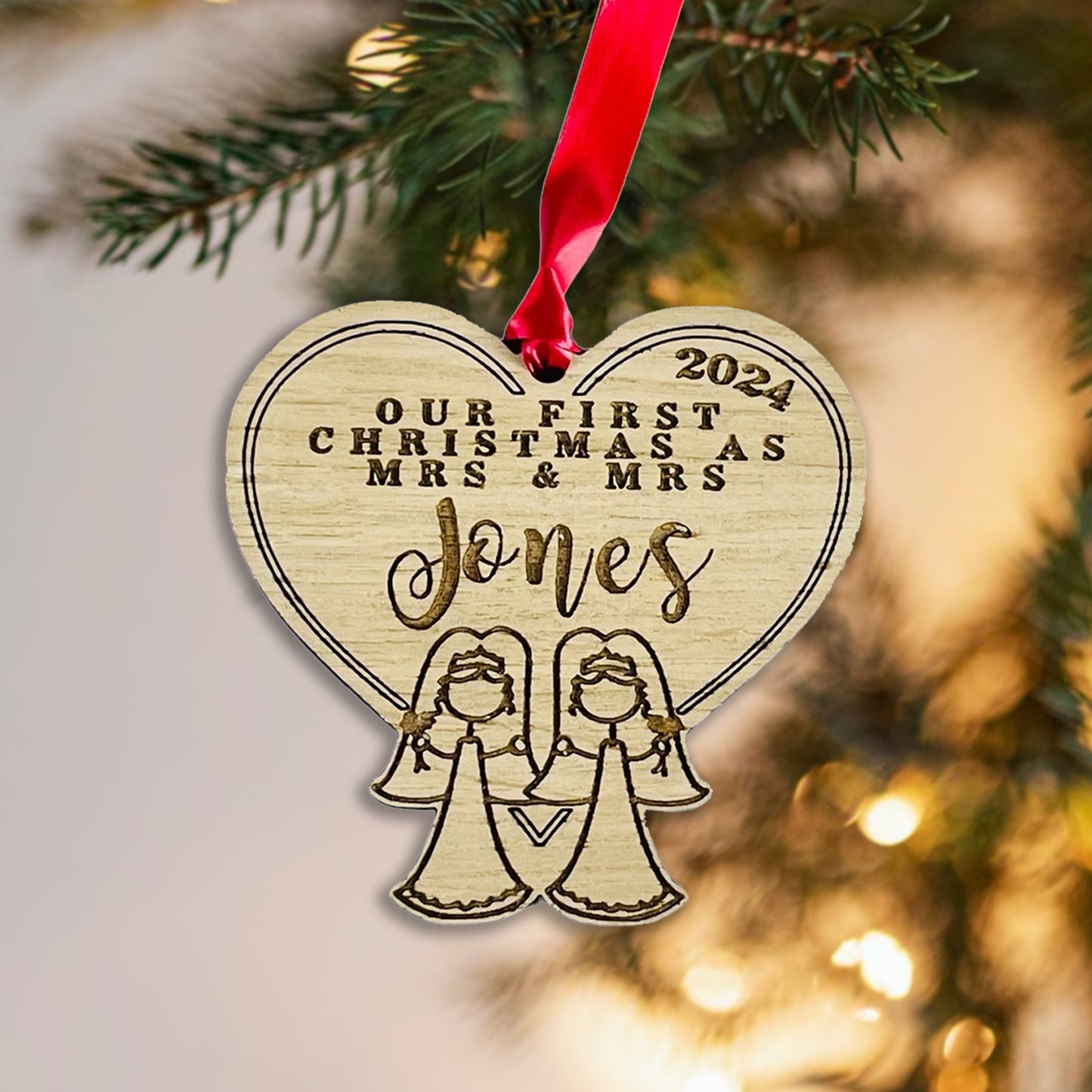 Personalised Wooden Stick Couple "Mrs & Mrs" Wedding Bauble