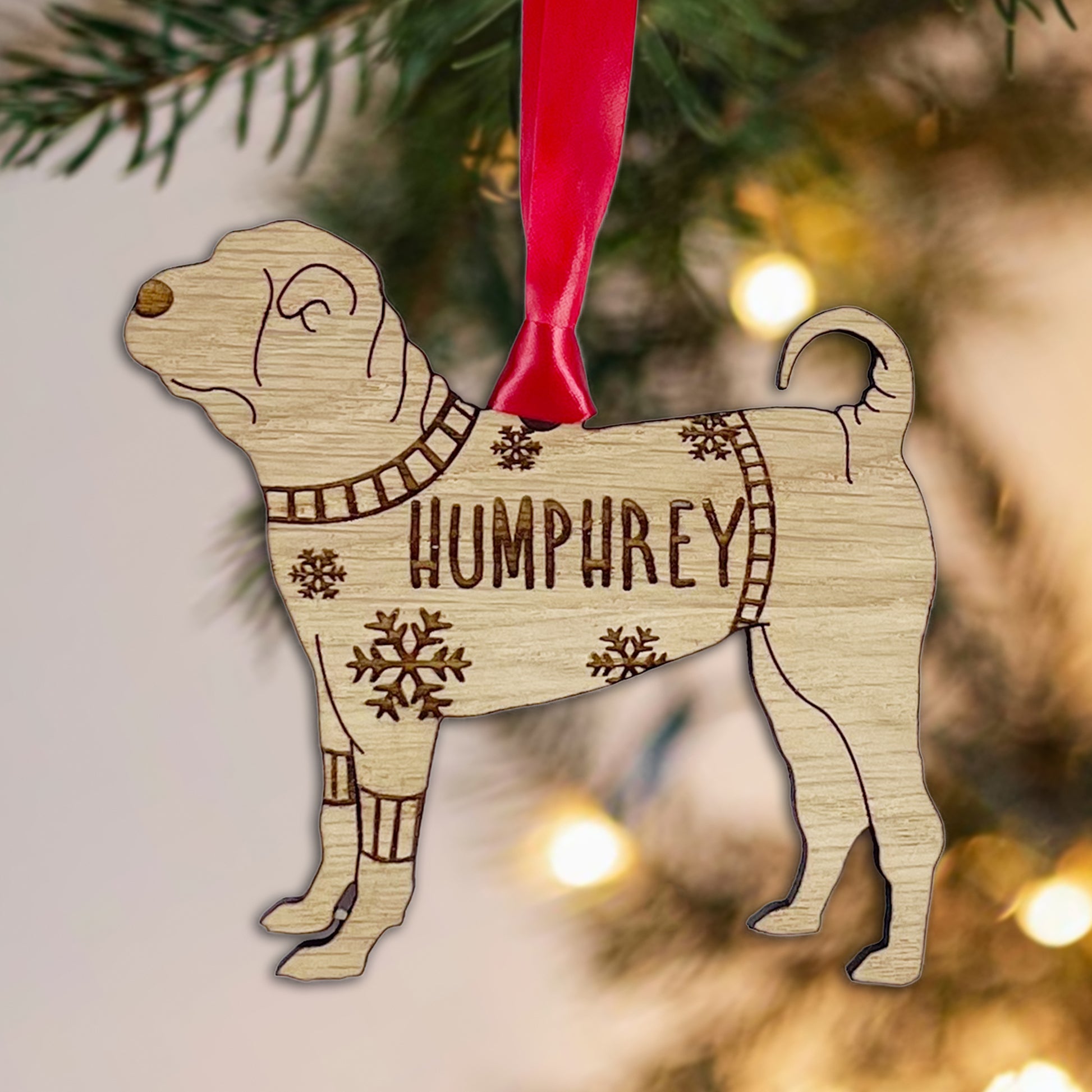 Personalised Chinese Shar-Pei Bauble Jumper Dog Bauble - Oak Veneer Wood - Add any name