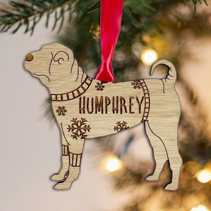 Personalised Chinese Shar-Pei Bauble Jumper Dog Bauble - Oak Veneer Wood - Add any name