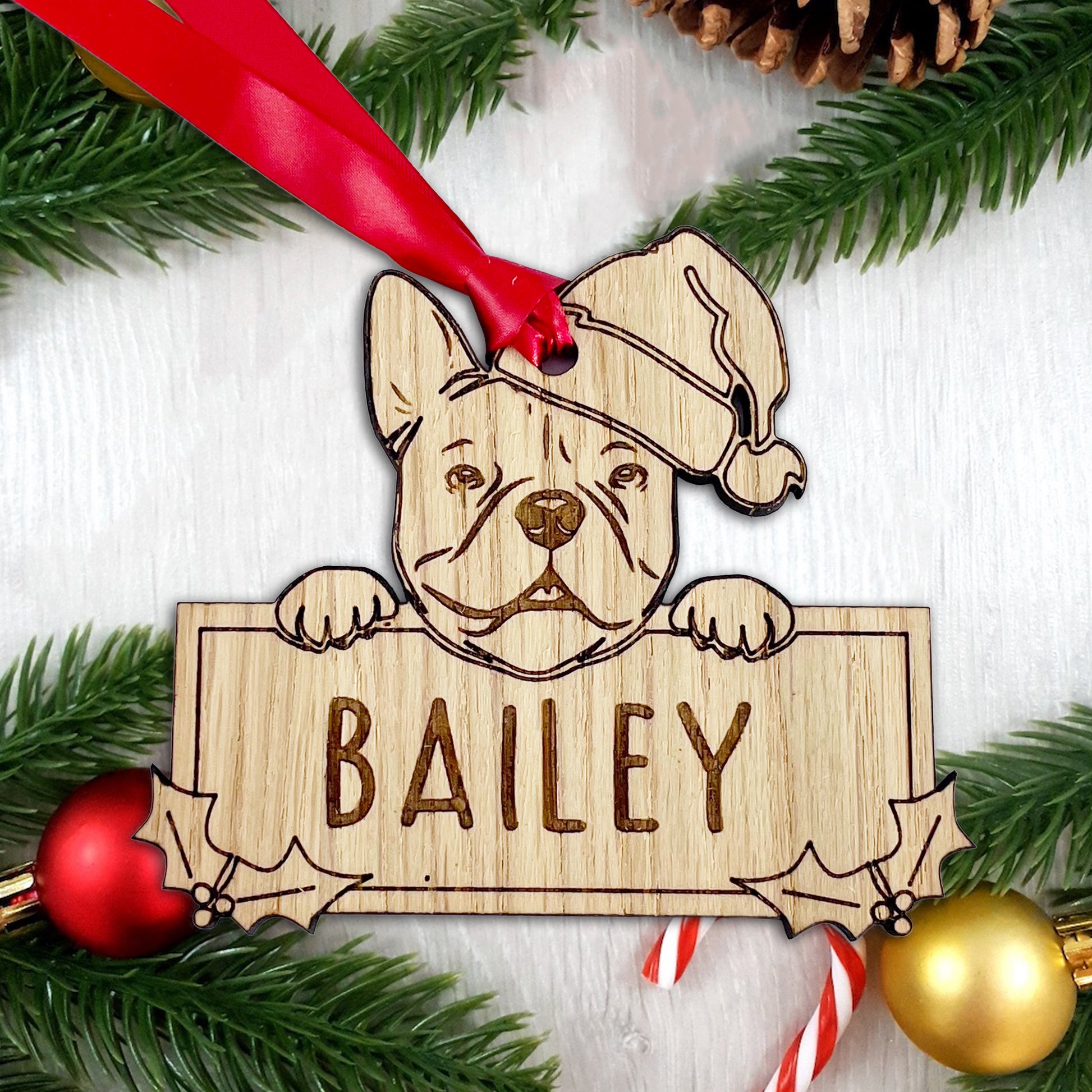 Personalised French Bull Dog Bauble - Peeking Dog - Oak Veneer Wood - Add your own name!