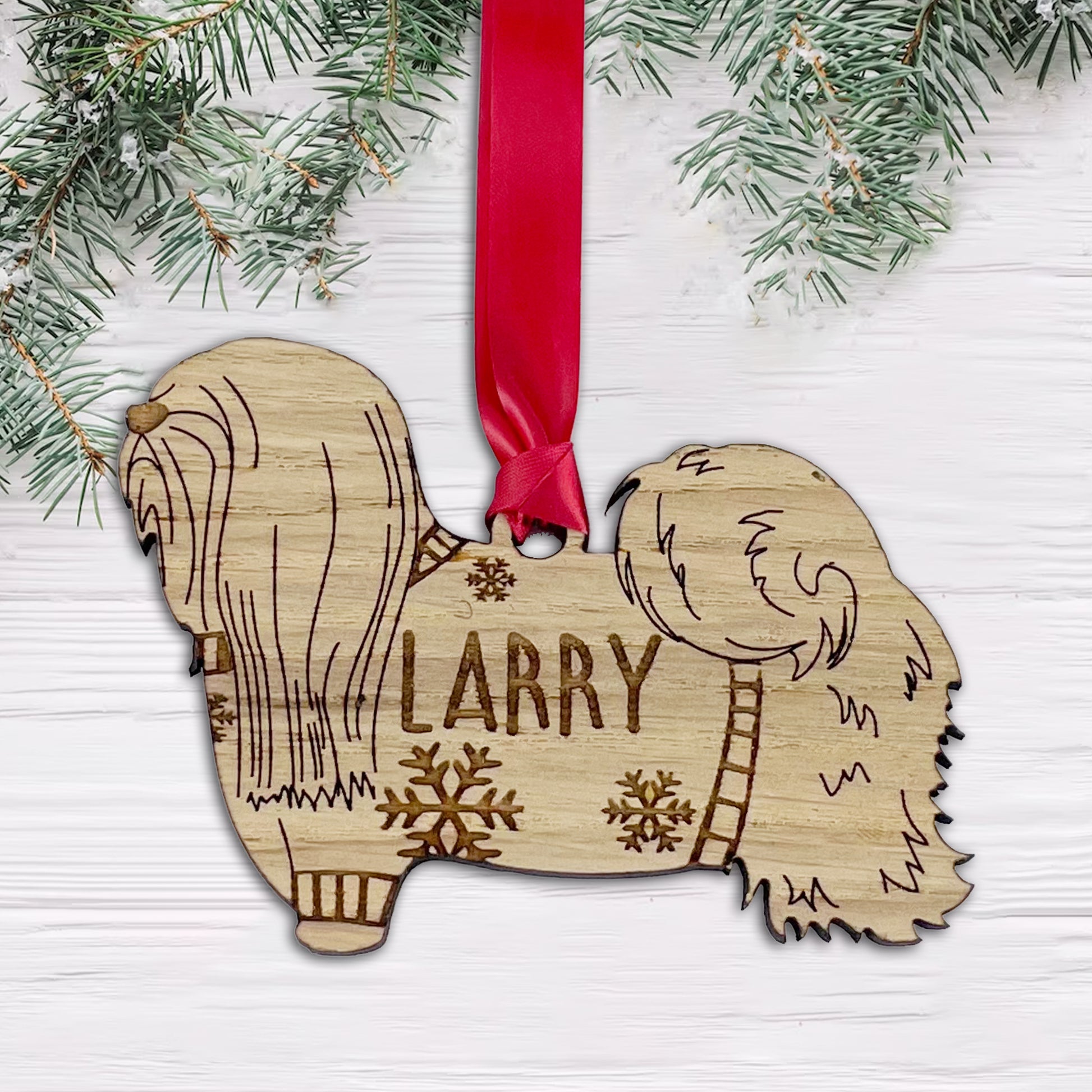 Personalised Lhasa Apso Bauble Jumper Dog Bauble - Oak Veneer Wood - Add any name