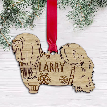Personalised Lhasa Apso Bauble Jumper Dog Bauble - Oak Veneer Wood - Add any name