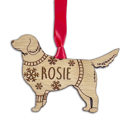 Personalised Golden Retriever Bauble Jumper Dog Bauble - Oak Veneer Wood - Add any name