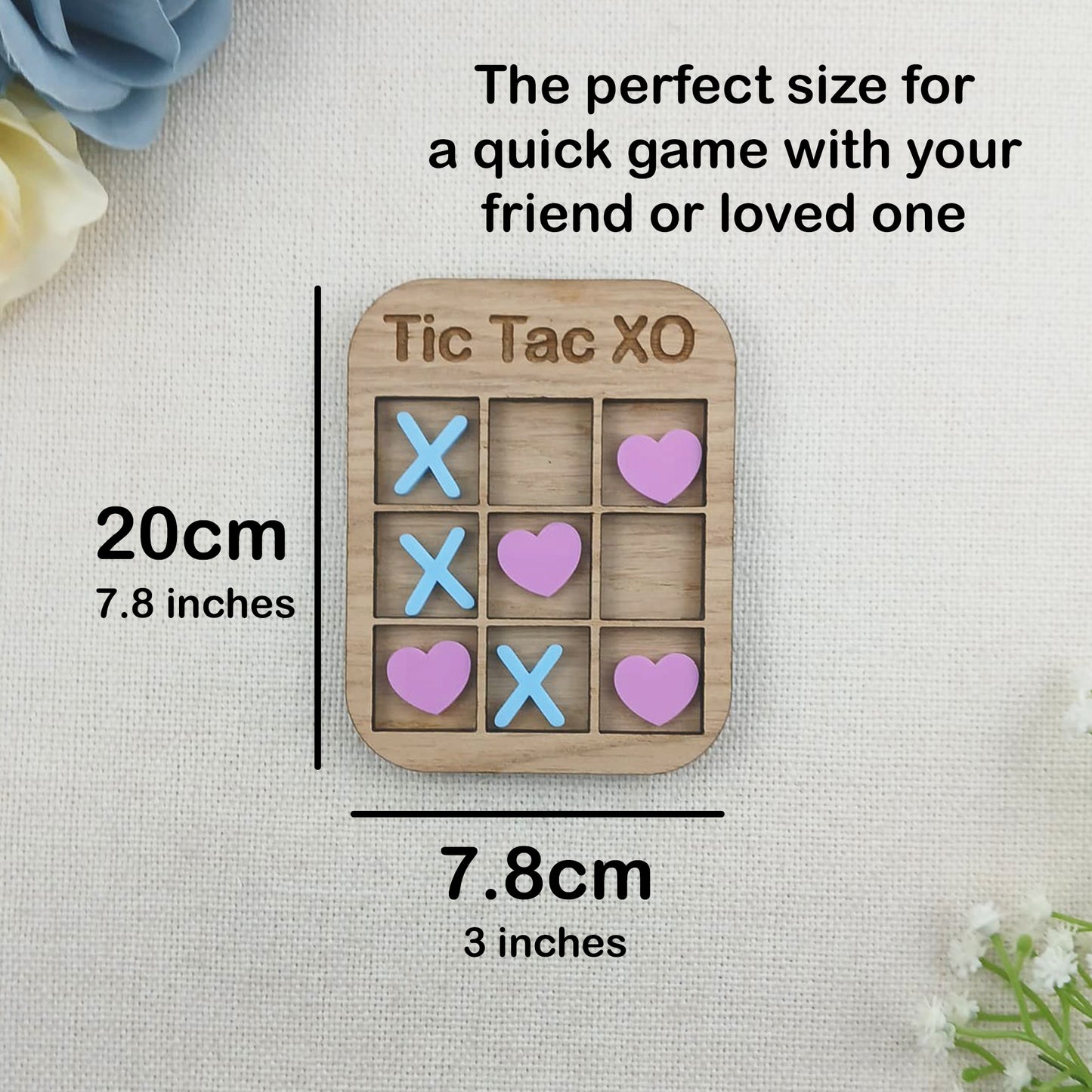Tic Tac Toe Style Mini Board Game - Love Hearts and X's Valentine's Day Blue and Pink - Oak Wood and Acrylic - Anniversary - Birthday