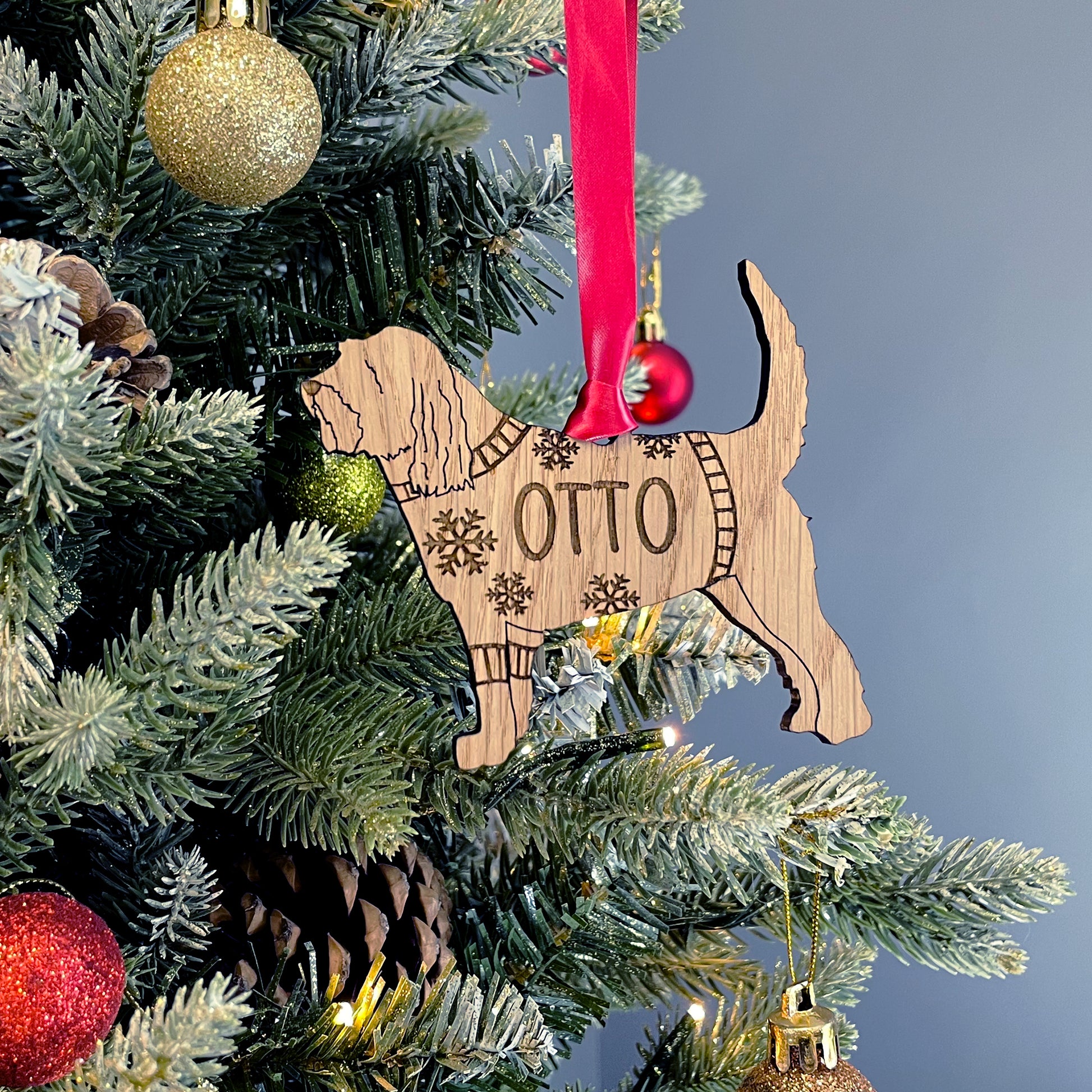 Personalised Otterhound Bauble Jumper Dog Bauble - Oak Veneer Wood - Add any name