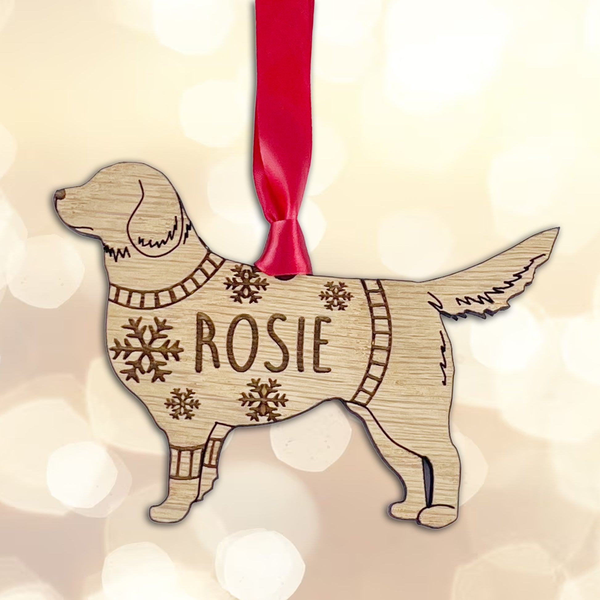 Personalised Golden Retriever Bauble Jumper Dog Bauble - Oak Veneer Wood - Add any name