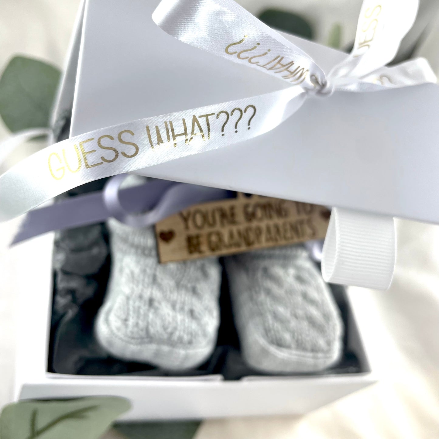 Guess What' Booties - Grey & Gift Boxed - "You're Going to Be..." - Grandparents