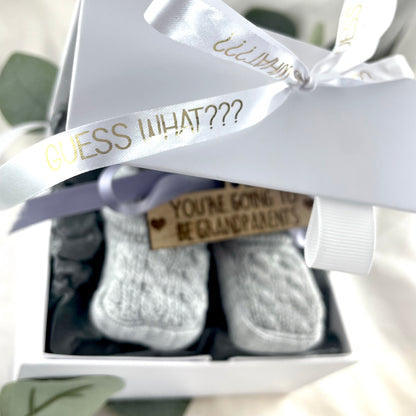 Guess What' Booties - Grey & Gift Boxed - "You're Going to Be..." - Grandparents