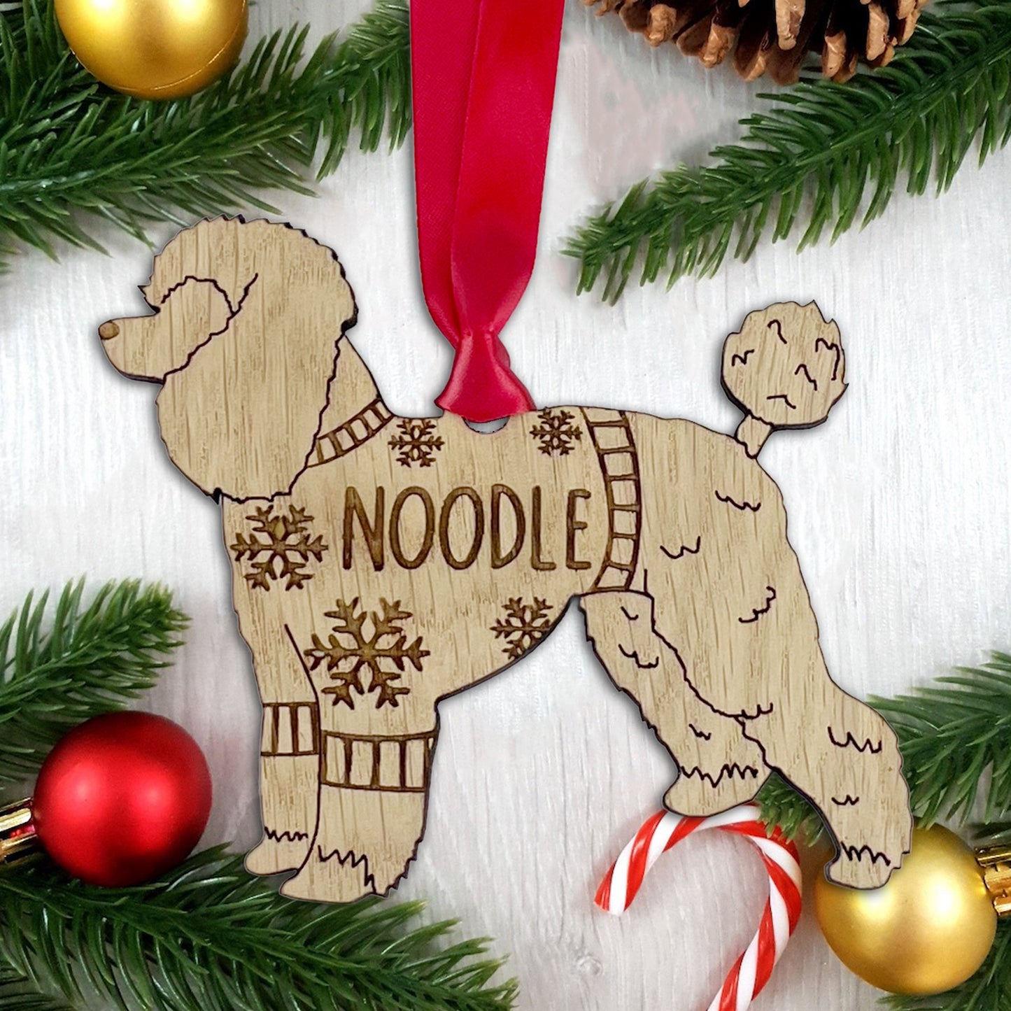 Personalised Poodle Bauble Jumper Dog Bauble - Oak Veneer Wood - Add any name