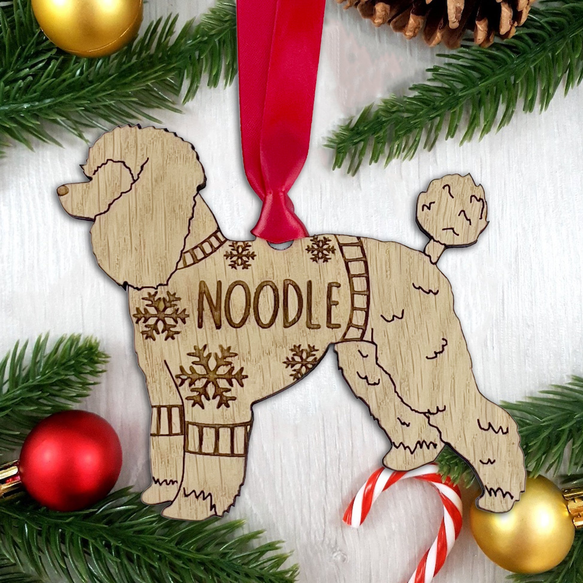 Personalised Poodle Bauble Jumper Dog Bauble - Oak Veneer Wood - Add any name