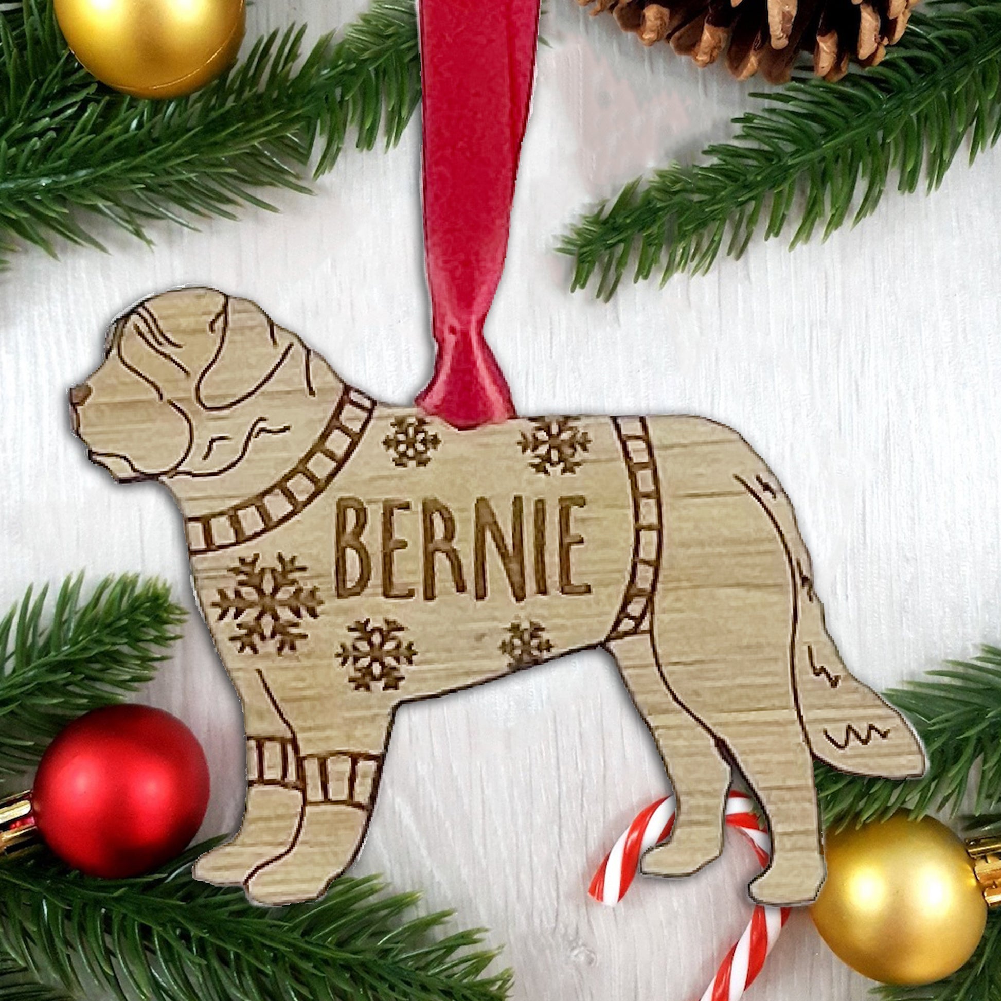 Personalised St Bernard Bauble Jumper Dog Bauble - Oak Veneer Wood - Add any name