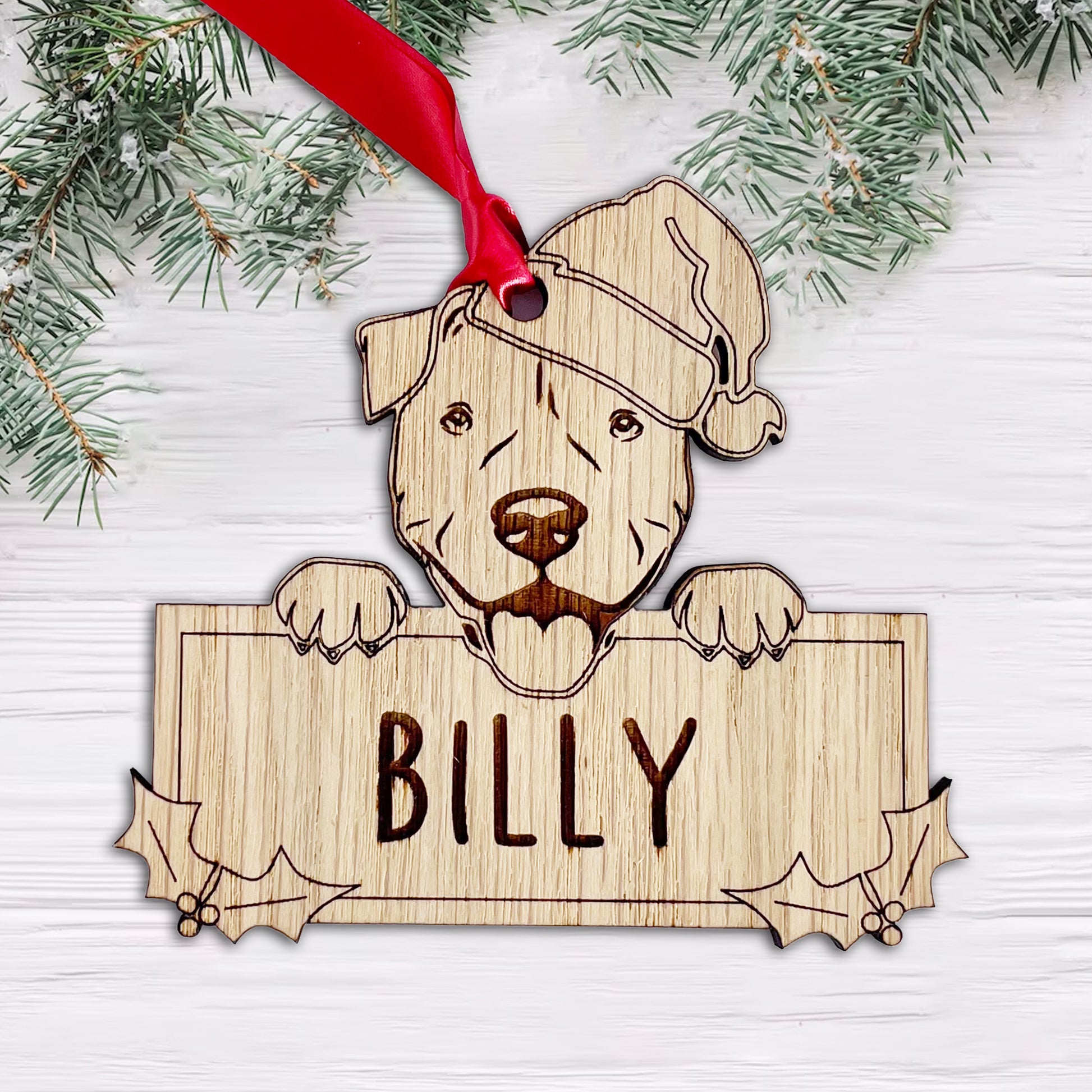 Personalised Staffy Dog Bauble - Peeking Dog - Oak Veneer Wood - Add your own name!