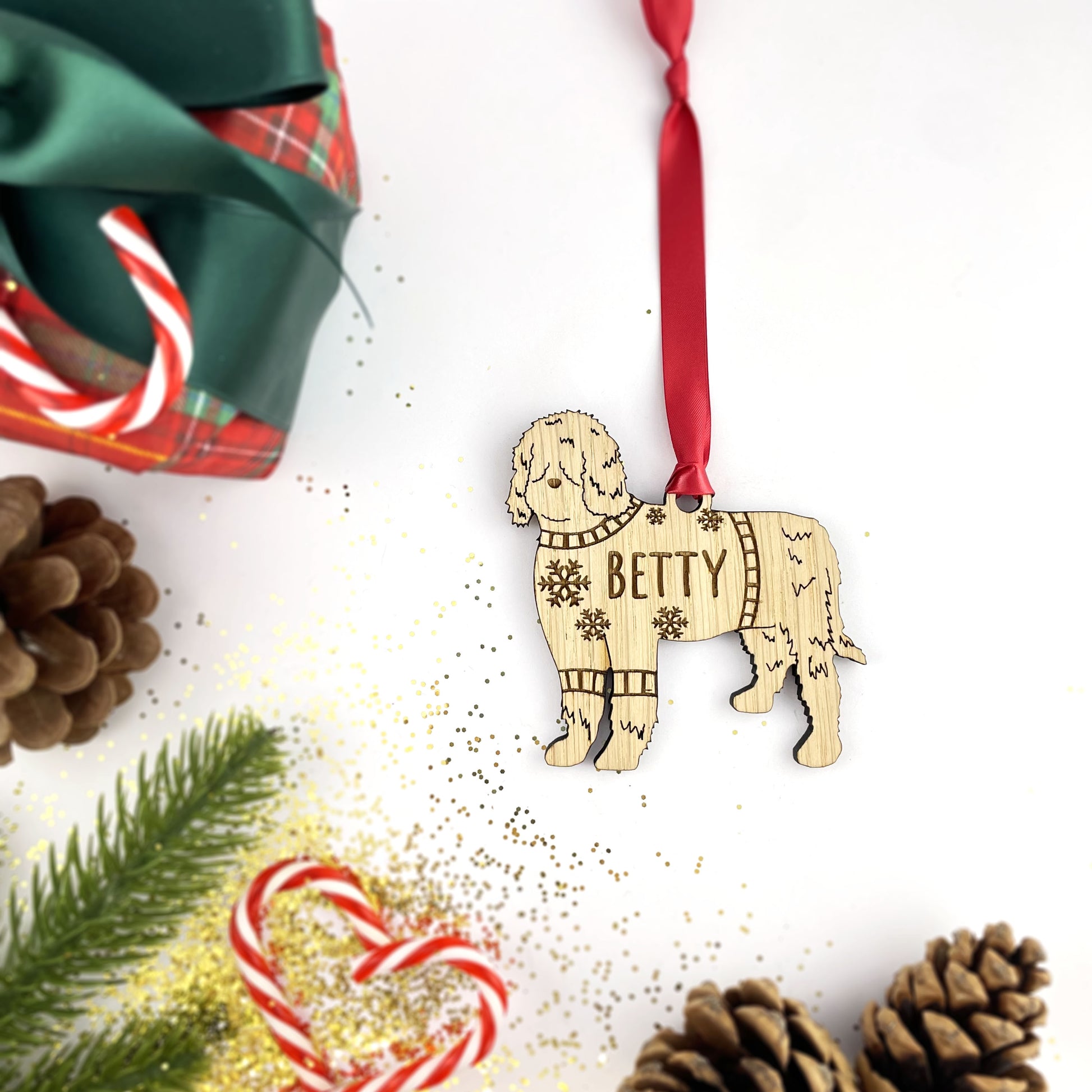 Personalised Berbet Bauble Jumper Dog Bauble - Oak Veneer Wood - Add any name