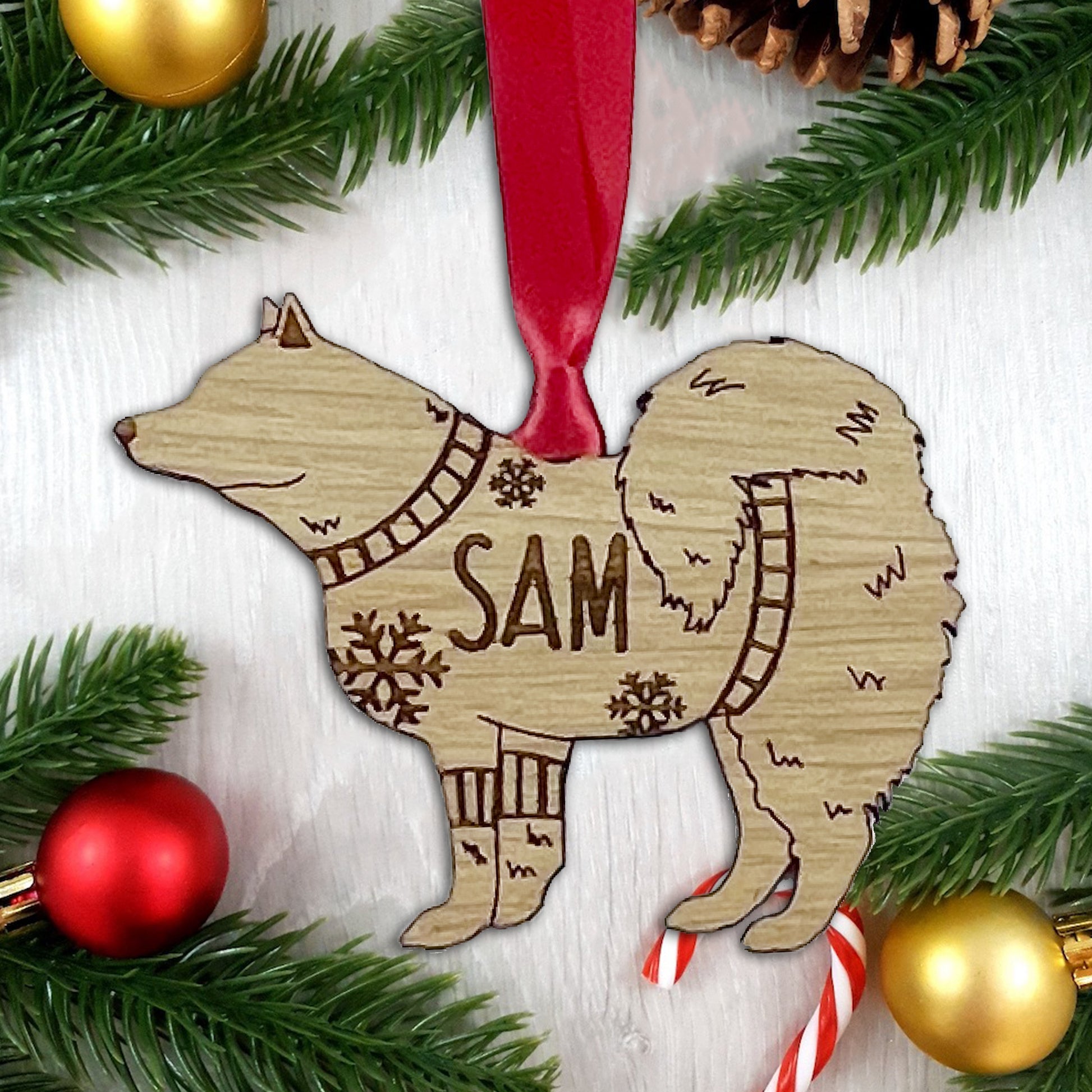 Personalised Samoyed  Bauble Jumper Dog Bauble - Oak Veneer Wood - Add any name