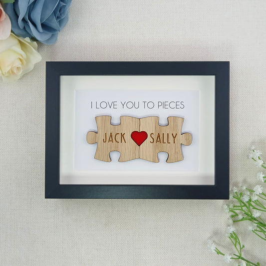 Personalised Wooden 'I Love You To Pieces' Valentine's Day Puzzle Pieces Couple Box Frame - Add your names - Anniversary or Birthday Gift