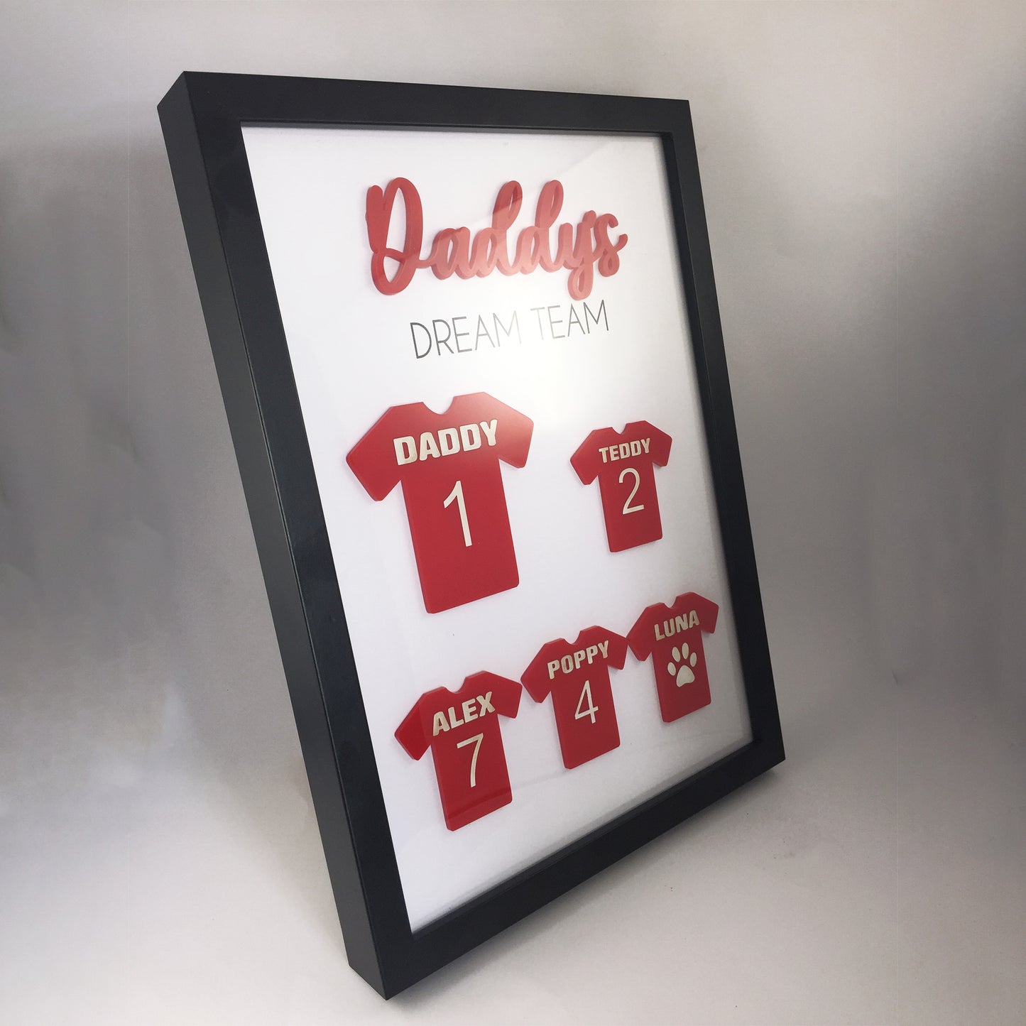 Personalised Dad's Dream Team Football Red Team Family Box Frame Fathers Day Birthday Daddy  - Add your family names