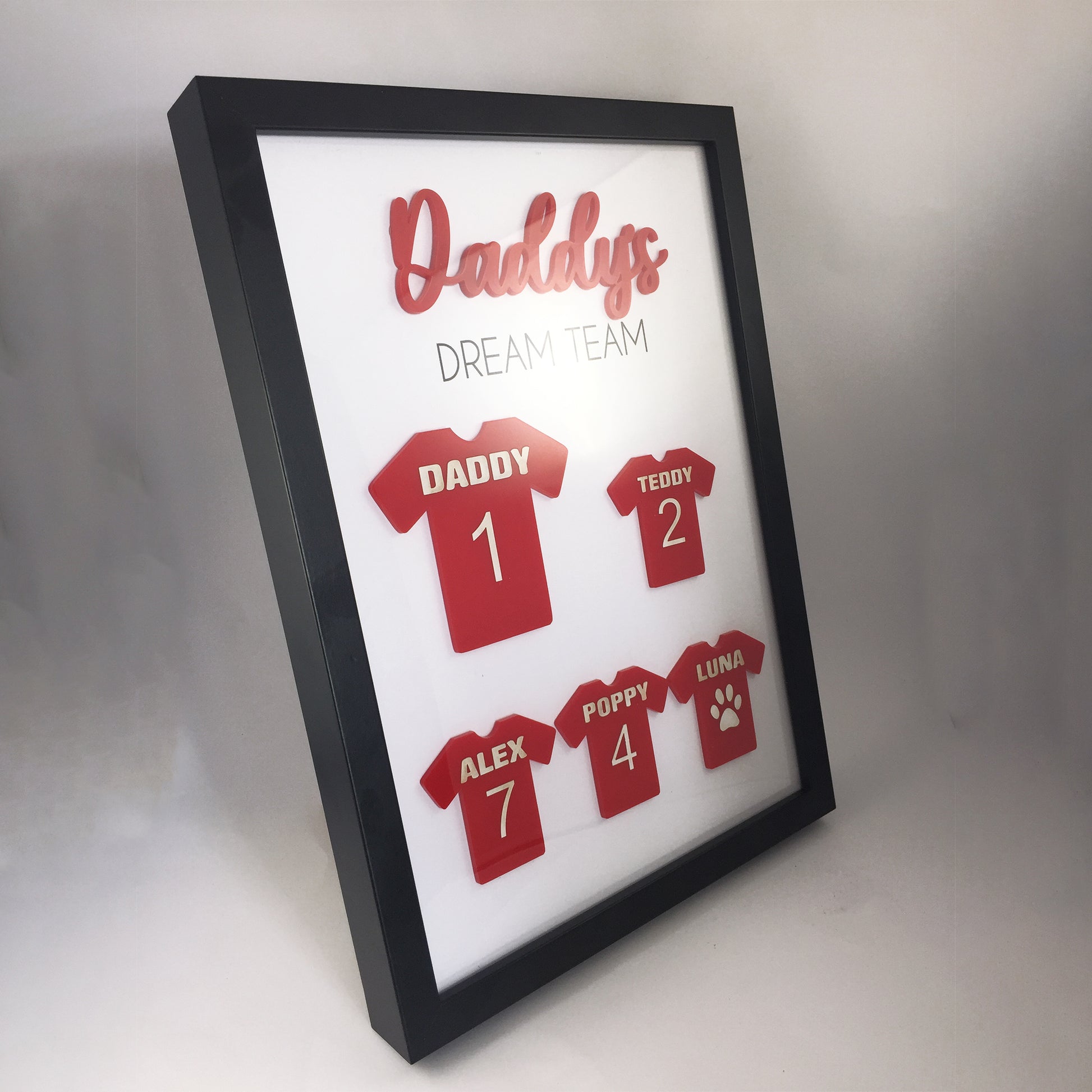 Personalised Dad's Dream Team Football Red Team Family Box Frame Fathers Day Birthday Daddy  - Add your family names