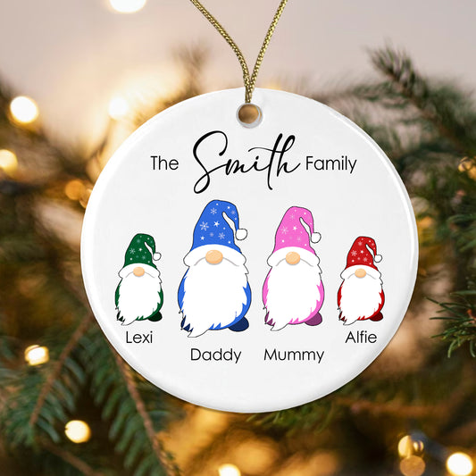 Personalised Gonk Family Christmas Bauble Ceramic - 2 Children Names + Surname