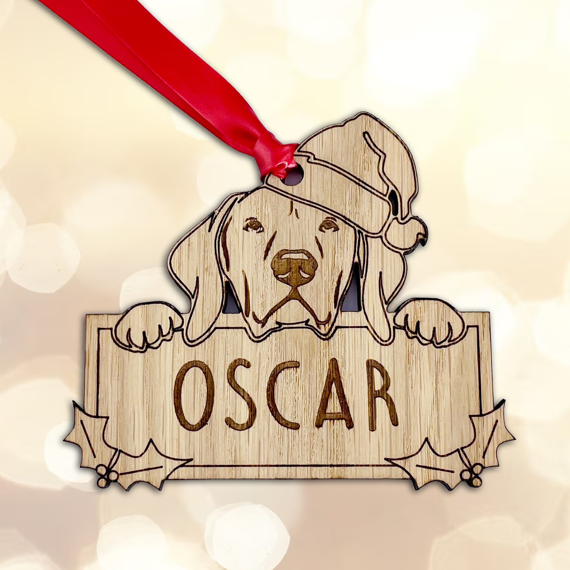 Personalised Hungarian Vizla Dog Bauble - Peeking Dog - Oak Veneer Wood - Add your own name!