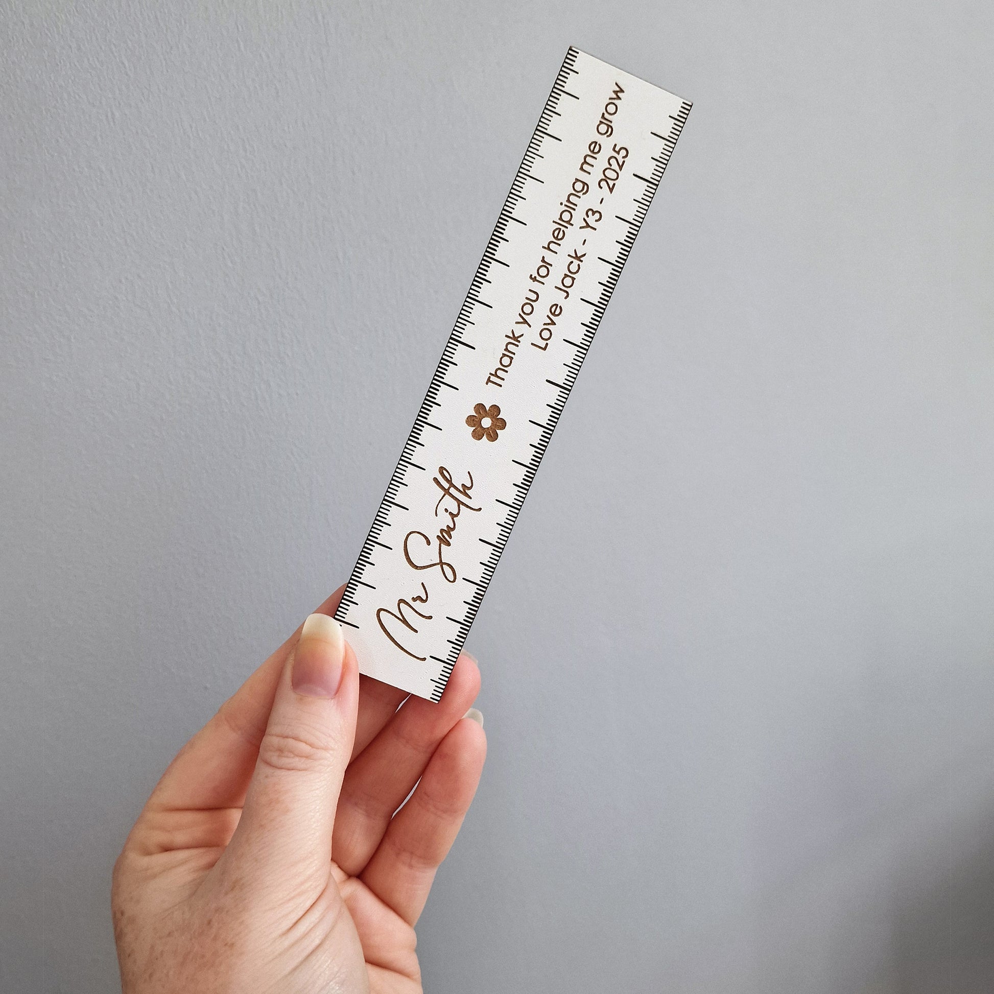 Personalised Wooden Teacher 15cm Ruler – Thank You for Helping Me Grow Gift – Engraved Name, Class & Year – Sustainable Oak or White Wood