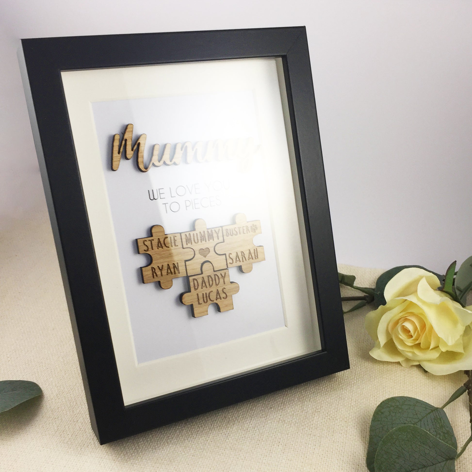 Personalised Mum / Mummy 'We Love You To Pieces' Wooden Mothers Day Christmas Birthday Puzzle Pieces Family Box Frame Add your family names