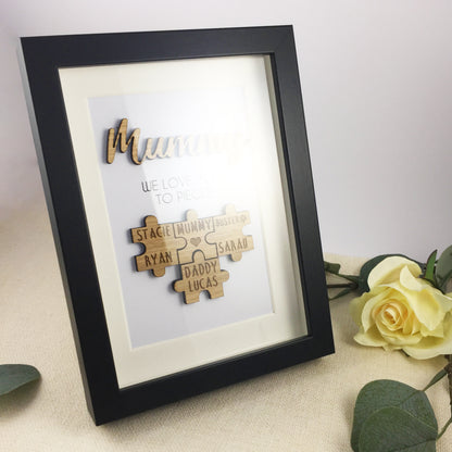 Personalised Mum / Mummy 'We Love You To Pieces' Wooden Mothers Day Christmas Birthday Puzzle Pieces Family Box Frame Add your family names