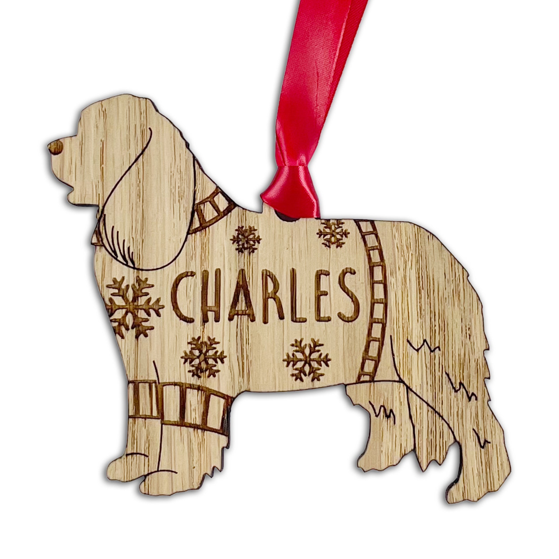 Personalised Cavalier Bauble Jumper Dog Bauble - Oak Veneer Wood - Add any name